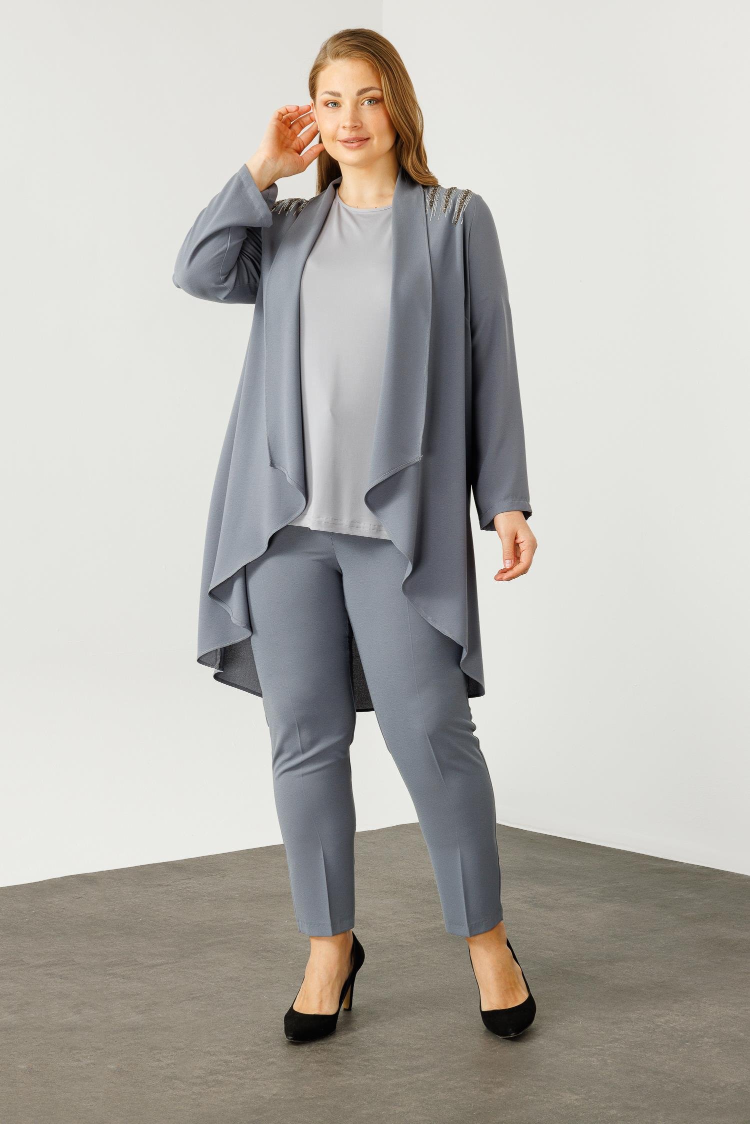 Modailgi  Omuzları Taşlı Şal Yaka İkili Takım Gri