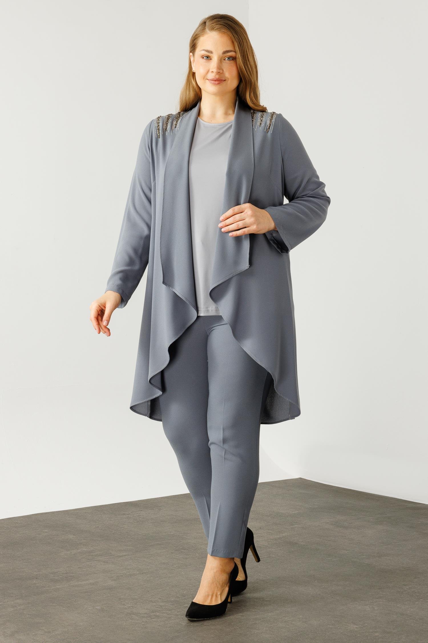 Modailgi  Omuzları Taşlı Şal Yaka İkili Takım Gri