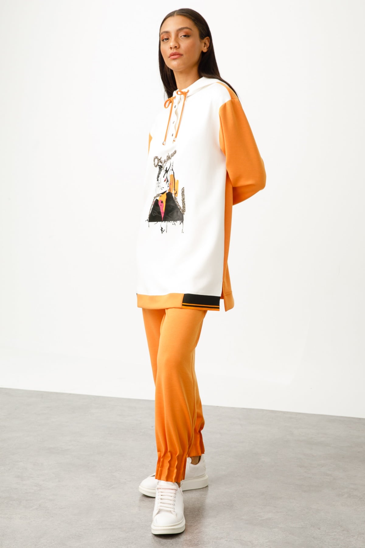 Modailgi  Ön Beden Baskılı Kapüşonlu Tunik Orange