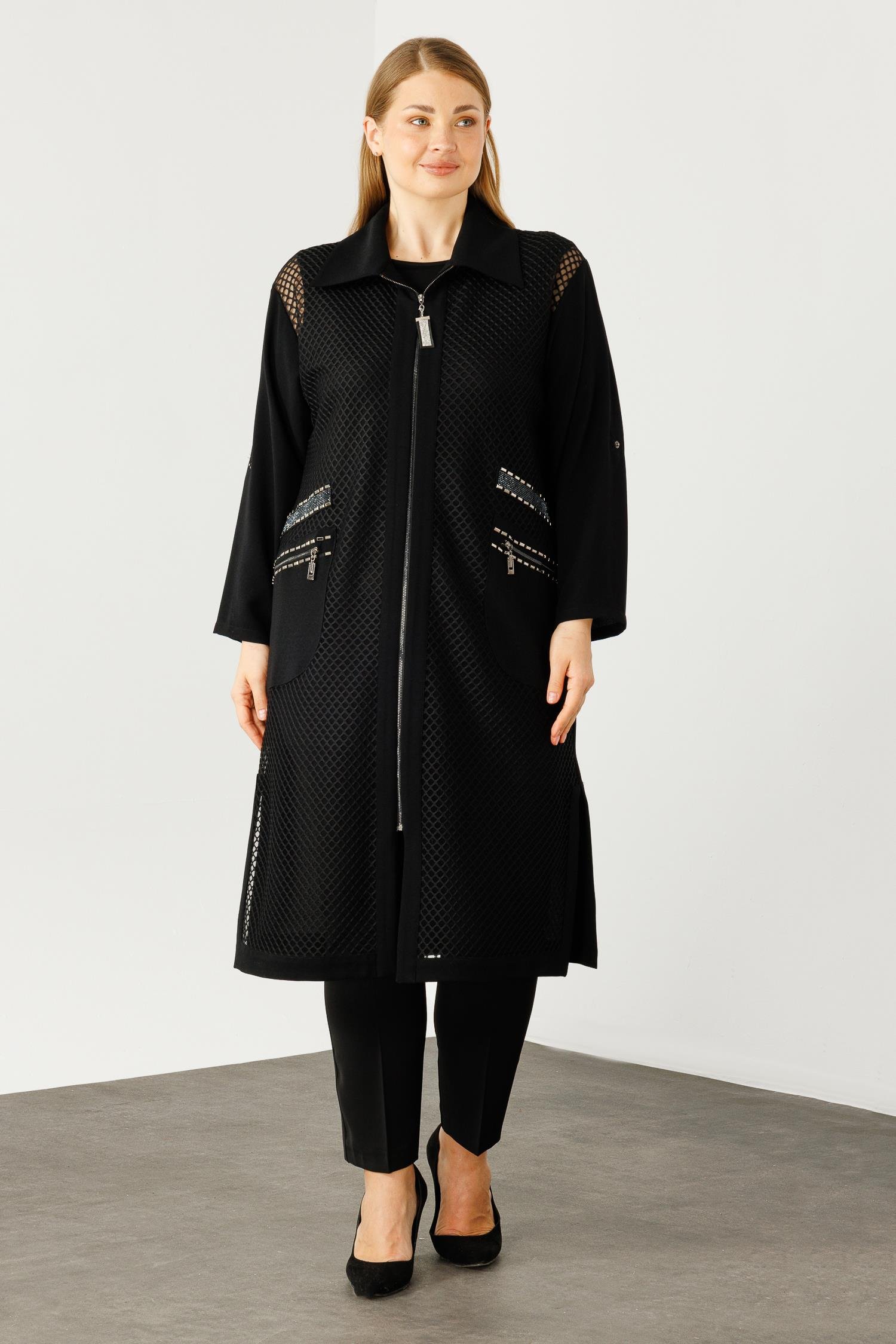 Modailgi  Ön Bedeni Fileli Taş Detaylı Kap Siyah