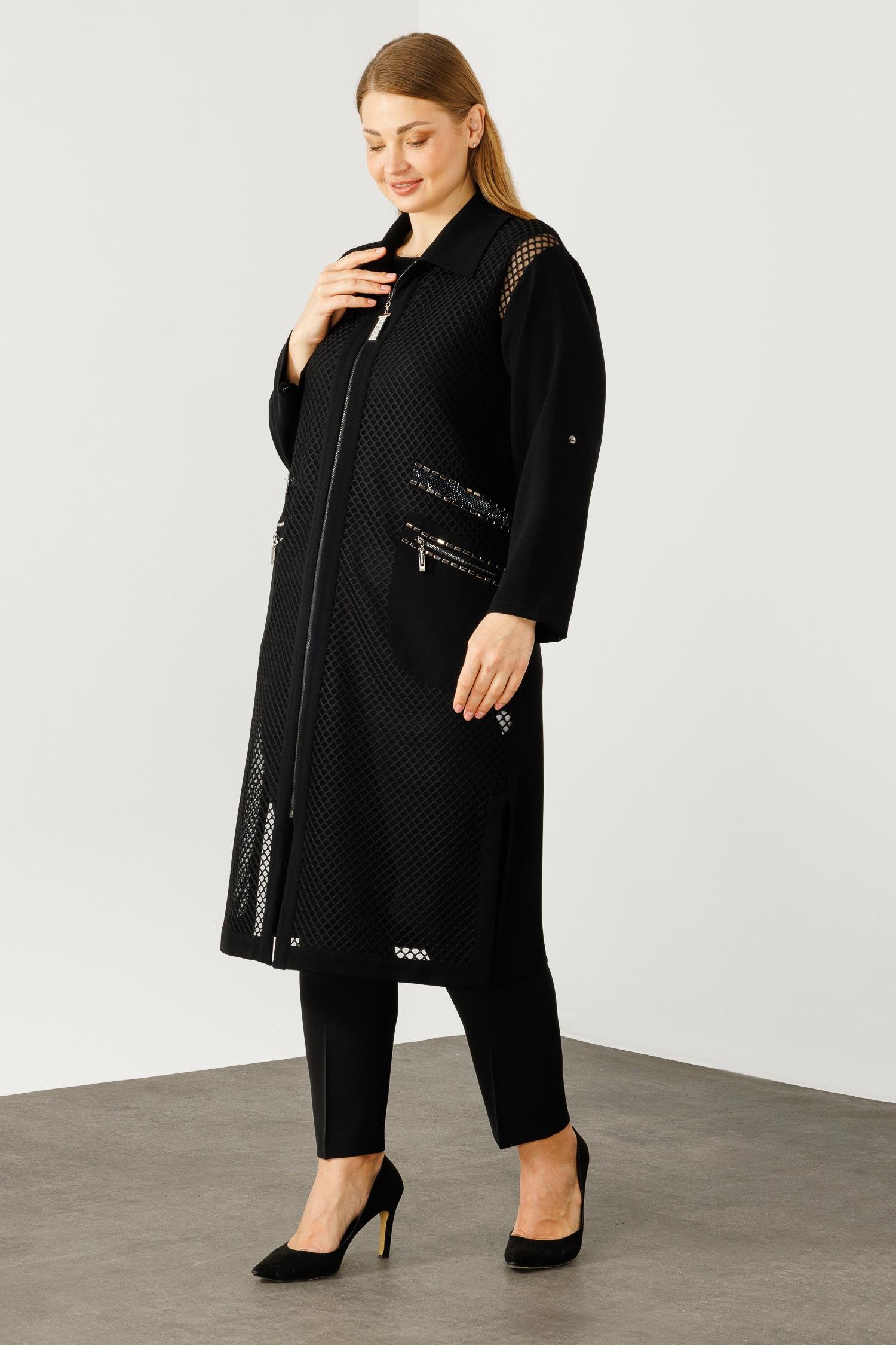 Modailgi  Ön Bedeni Fileli Taş Detaylı Kap Siyah