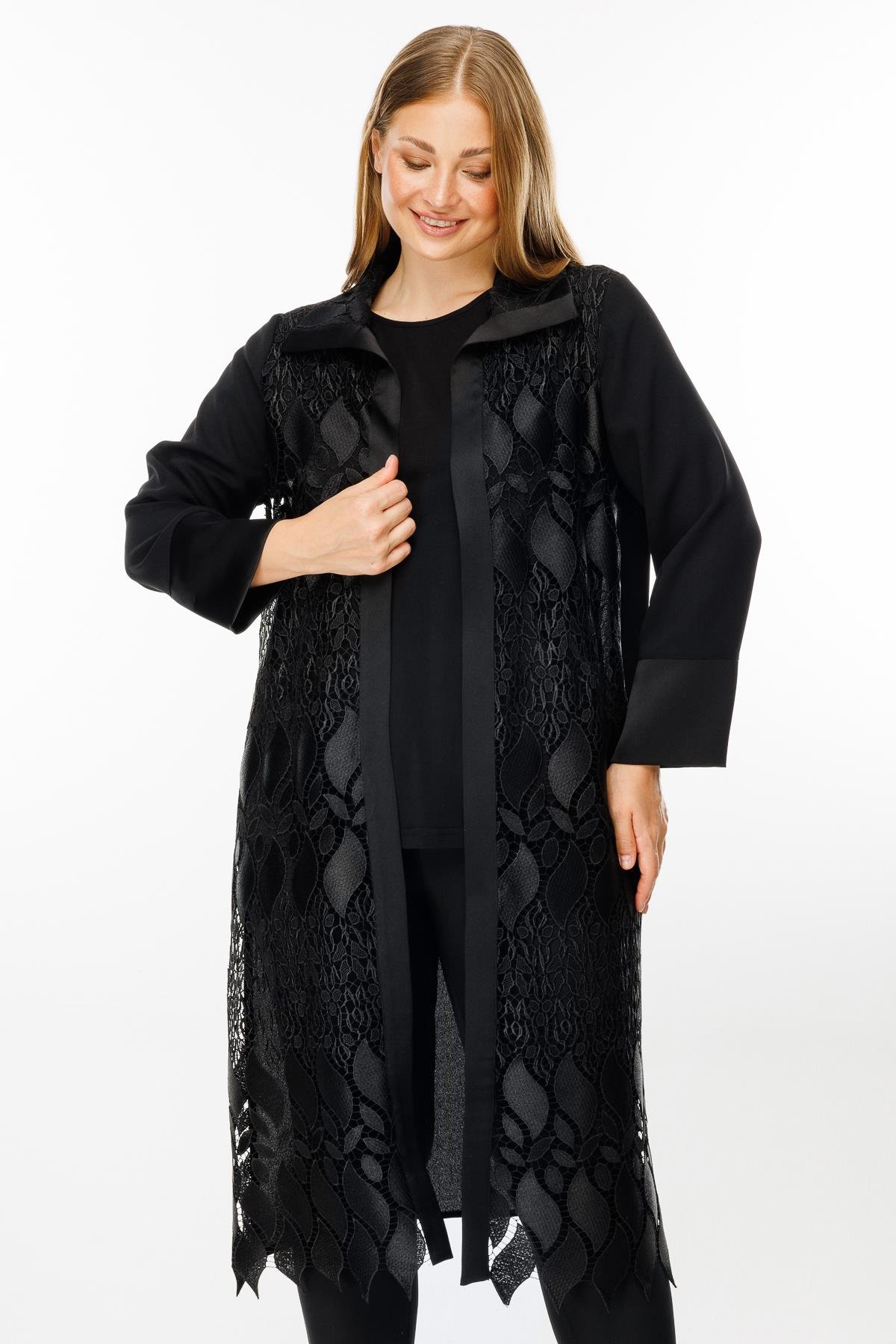 Modailgi  Ön Bedeni Güpür Dantelli İkili Uzun Kap Siyah