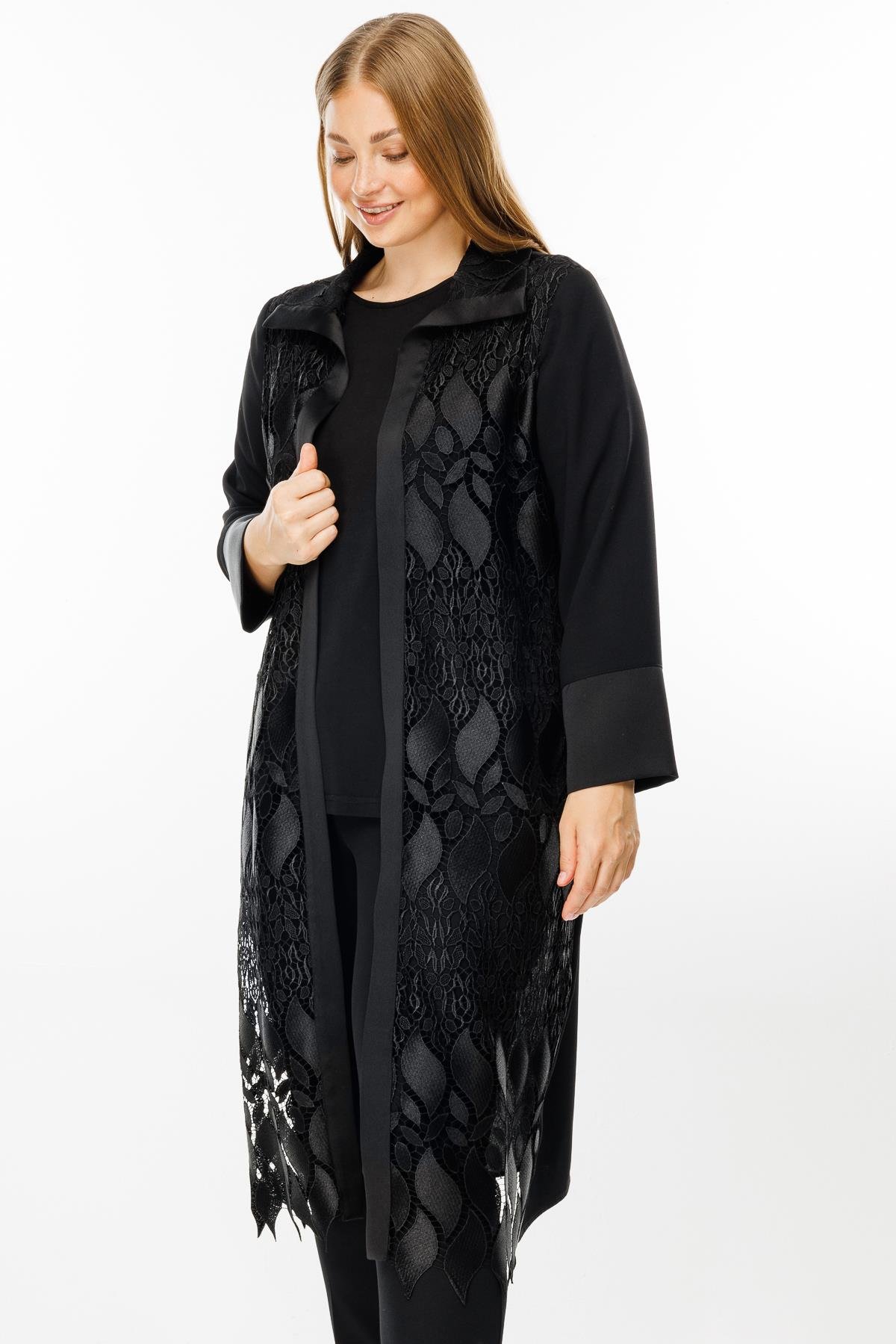 Modailgi  Ön Bedeni Güpür Dantelli İkili Uzun Kap Siyah