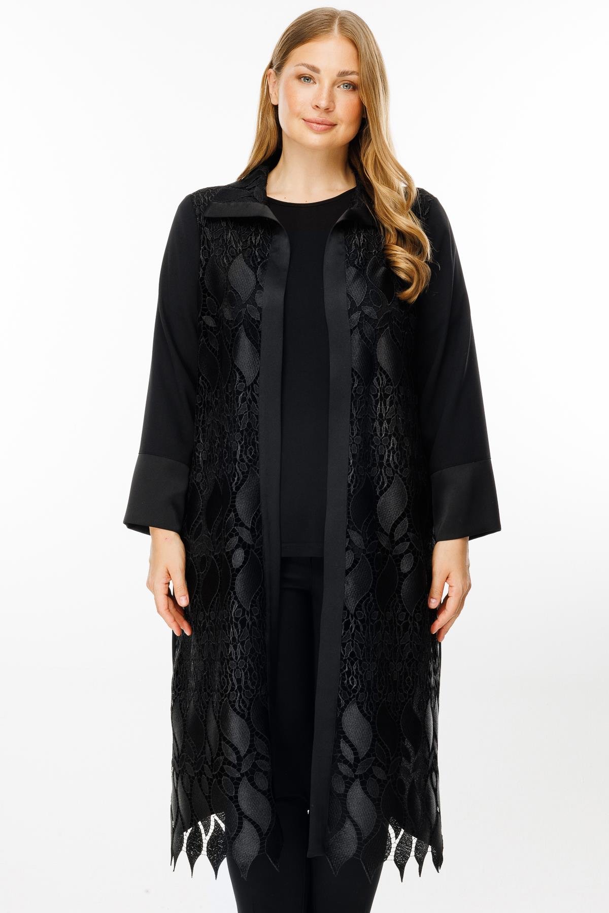 Modailgi  Ön Bedeni Güpür Dantelli İkili Uzun Kap Siyah