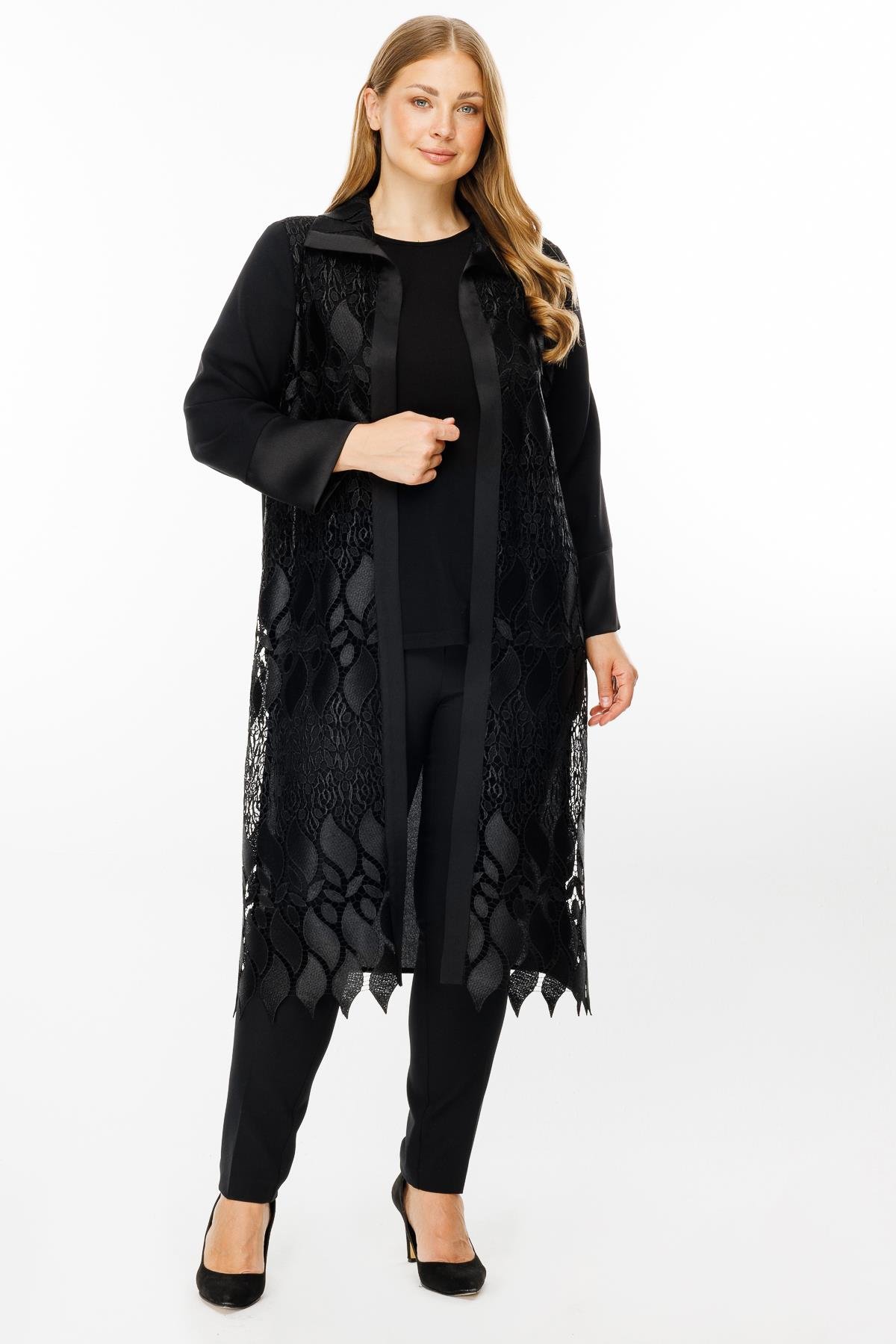 Modailgi  Ön Bedeni Güpür Dantelli İkili Uzun Kap Siyah