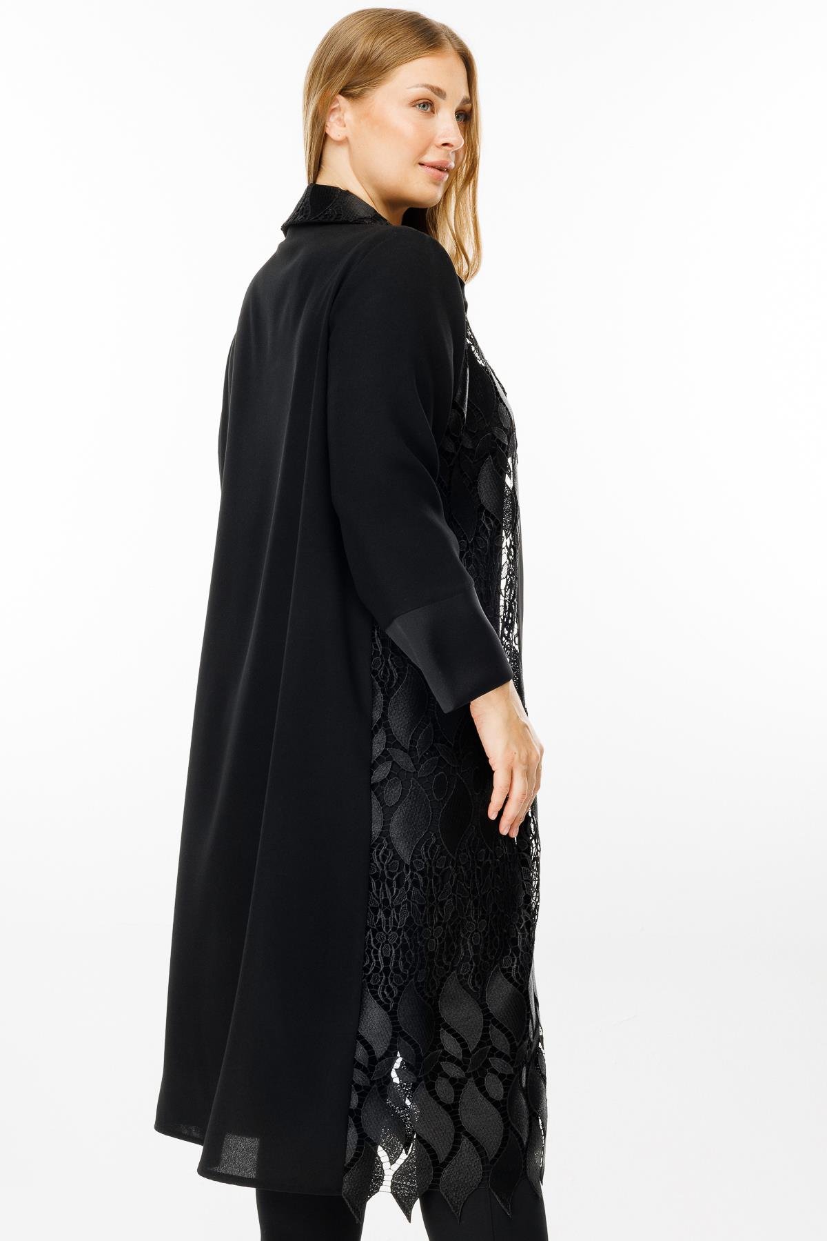 Modailgi  Ön Bedeni Güpür Dantelli İkili Uzun Kap Siyah