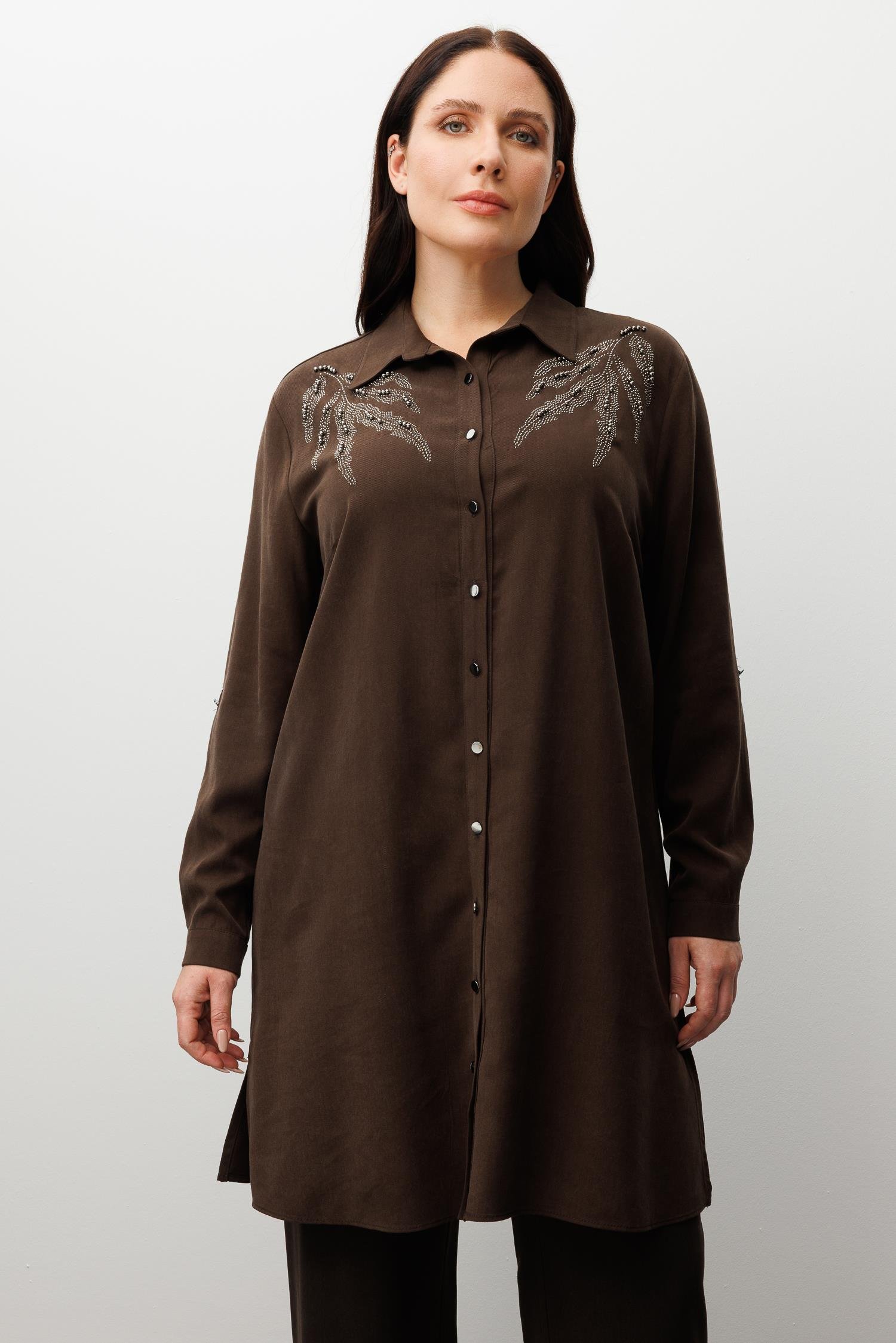 Modailgi  Ön Robaları Yaprak Desenli Taş Tunik Kahve