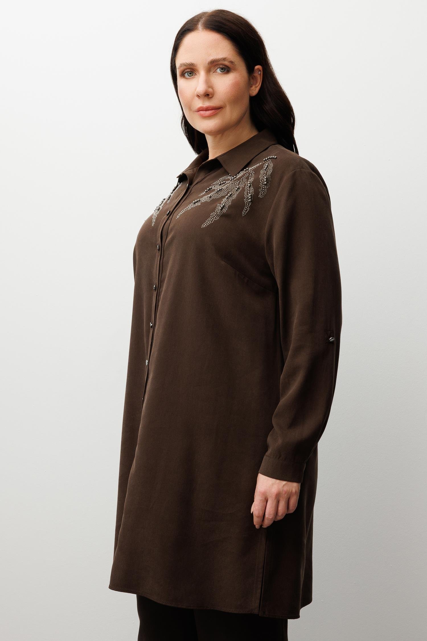 Modailgi  Ön Robaları Yaprak Desenli Taş Tunik Kahve