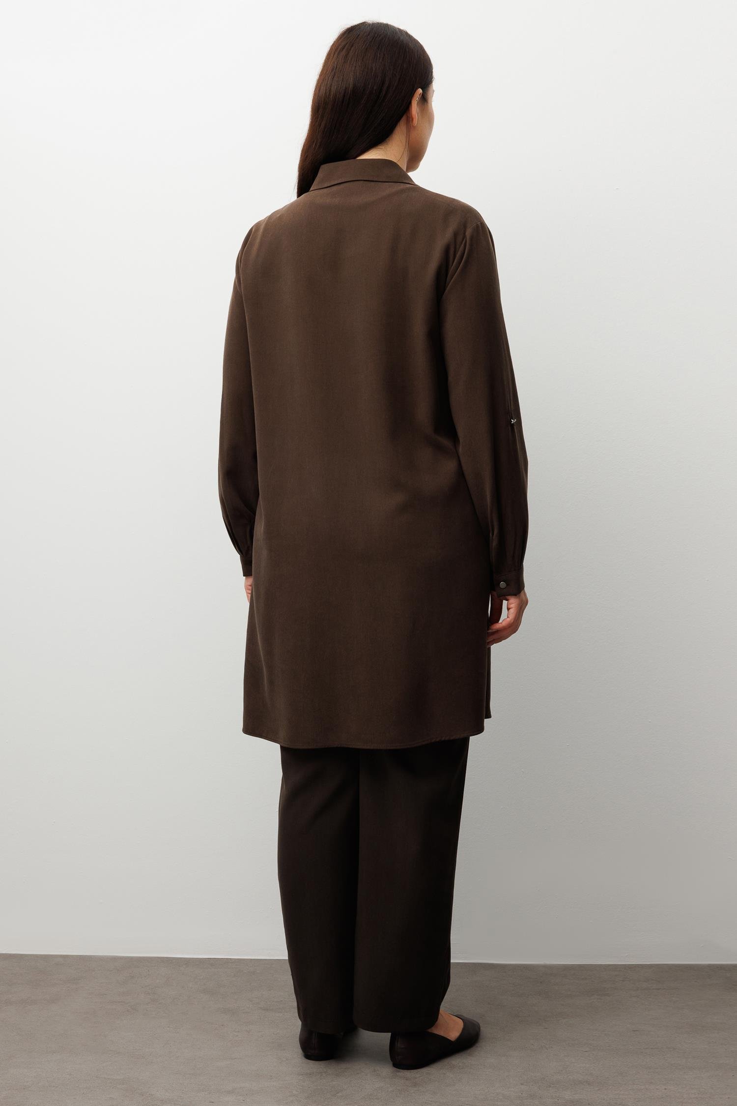 Modailgi  Ön Robaları Yaprak Desenli Taş Tunik Kahve