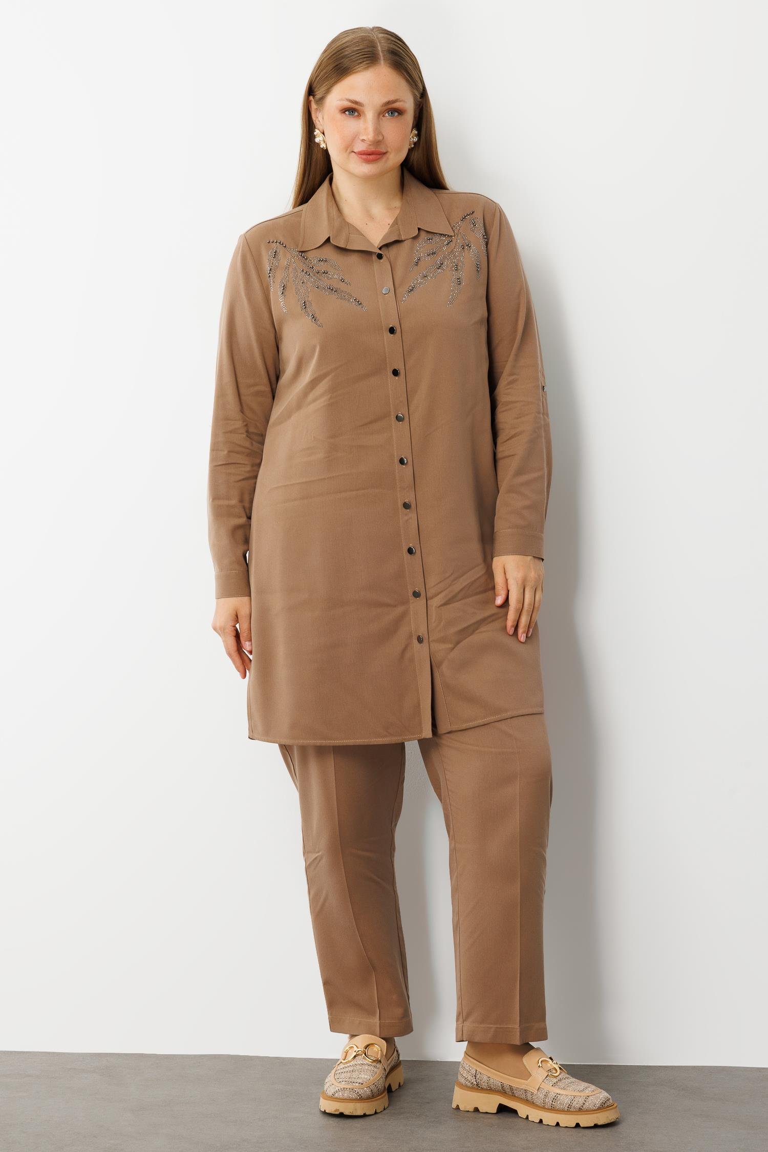 Modailgi  Ön Robaları Yaprak Desenli Taş Tunik Vizon