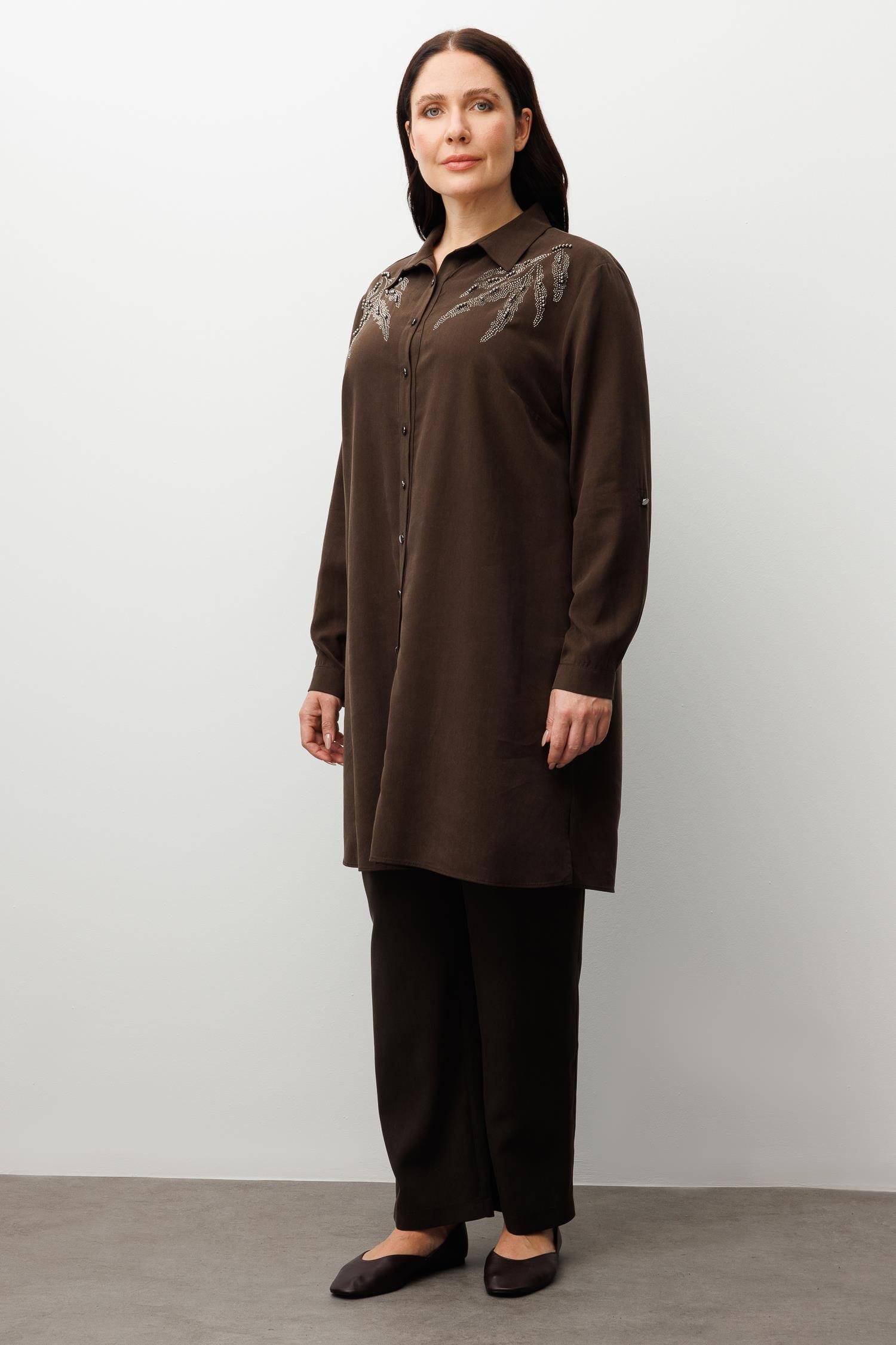 Modailgi  Ön Robaları Yaprak Desenli Taş Tunik Kahve