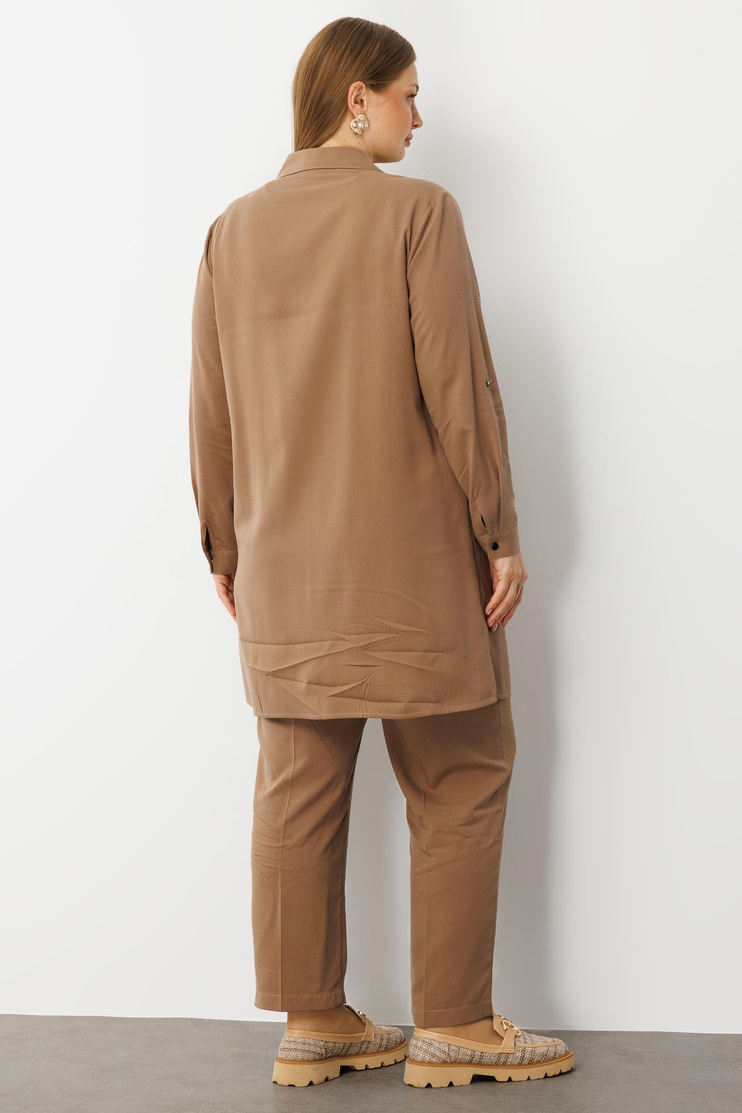 Modailgi  Ön Robaları Yaprak Desenli Taş Tunik Vizon