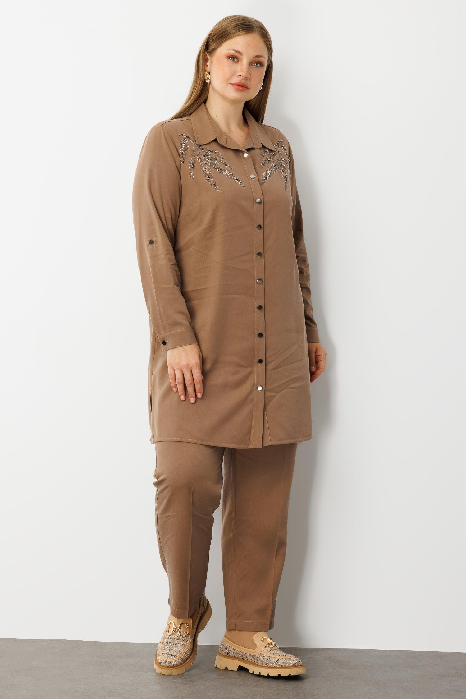 Modailgi  Ön Robaları Yaprak Desenli Taş Tunik Vizon