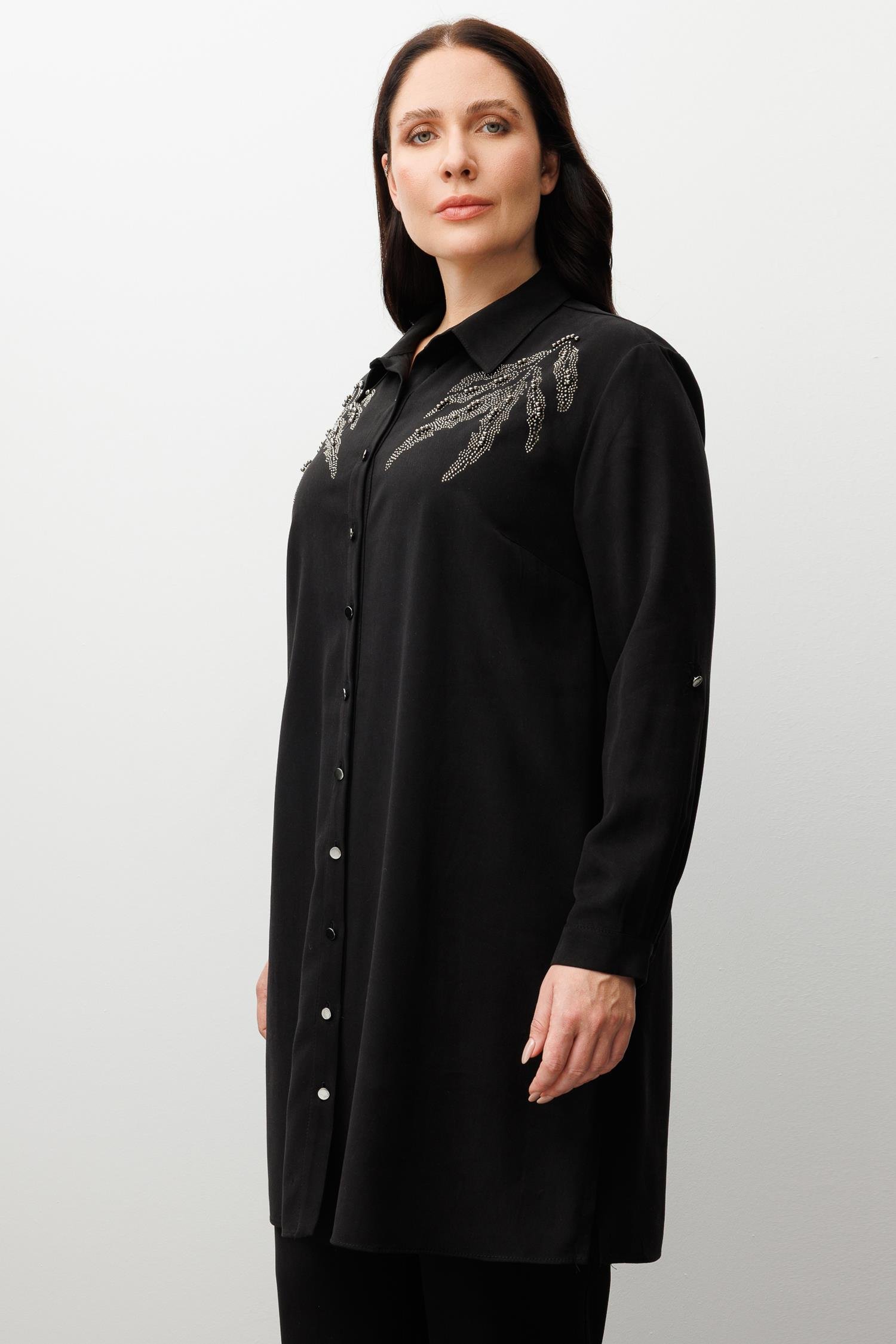 Modailgi  Ön Robaları Yaprak Desenli Taş Tunik Siyah