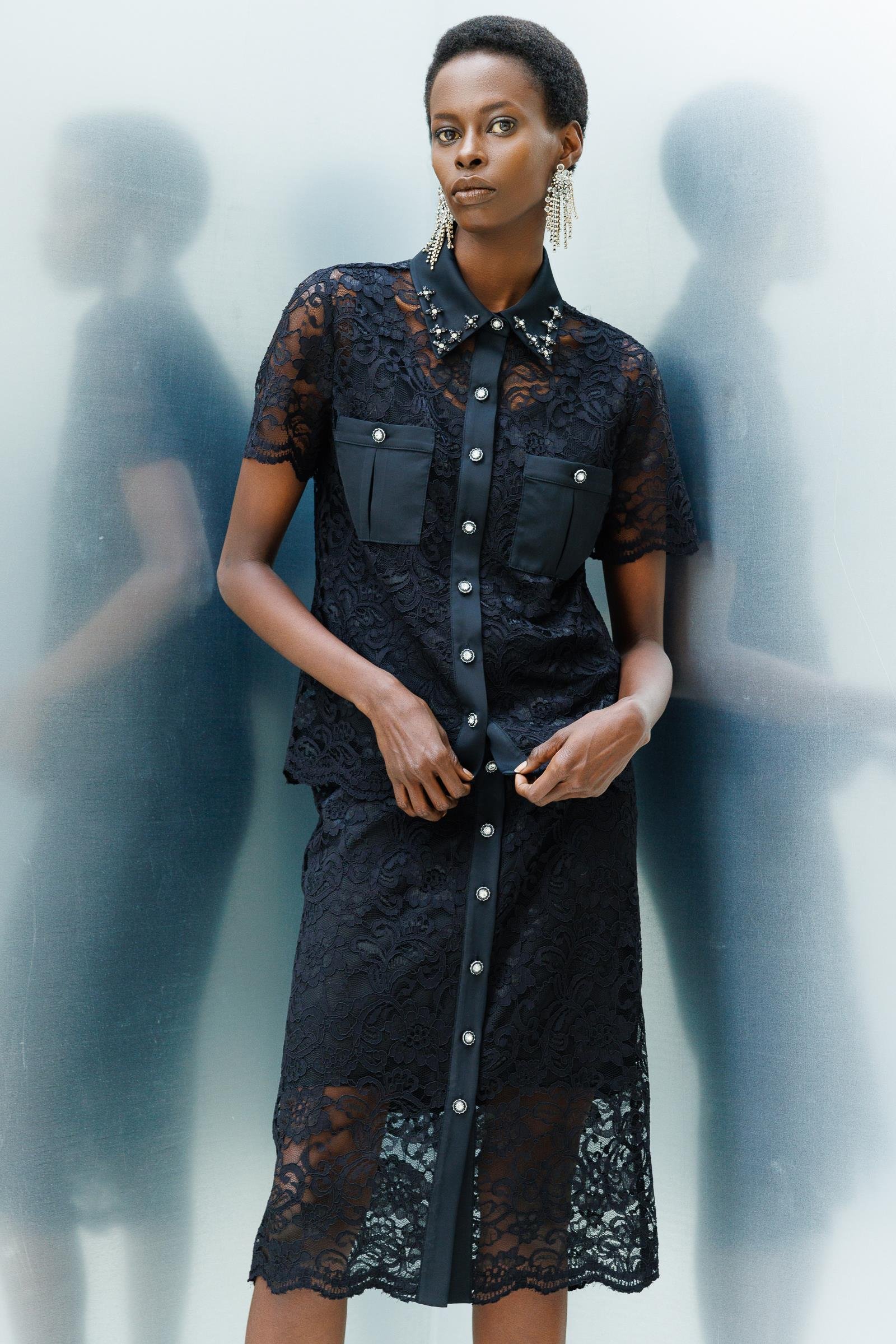 Modailgi  Önden Düğmeli Dantel Etek Siyah