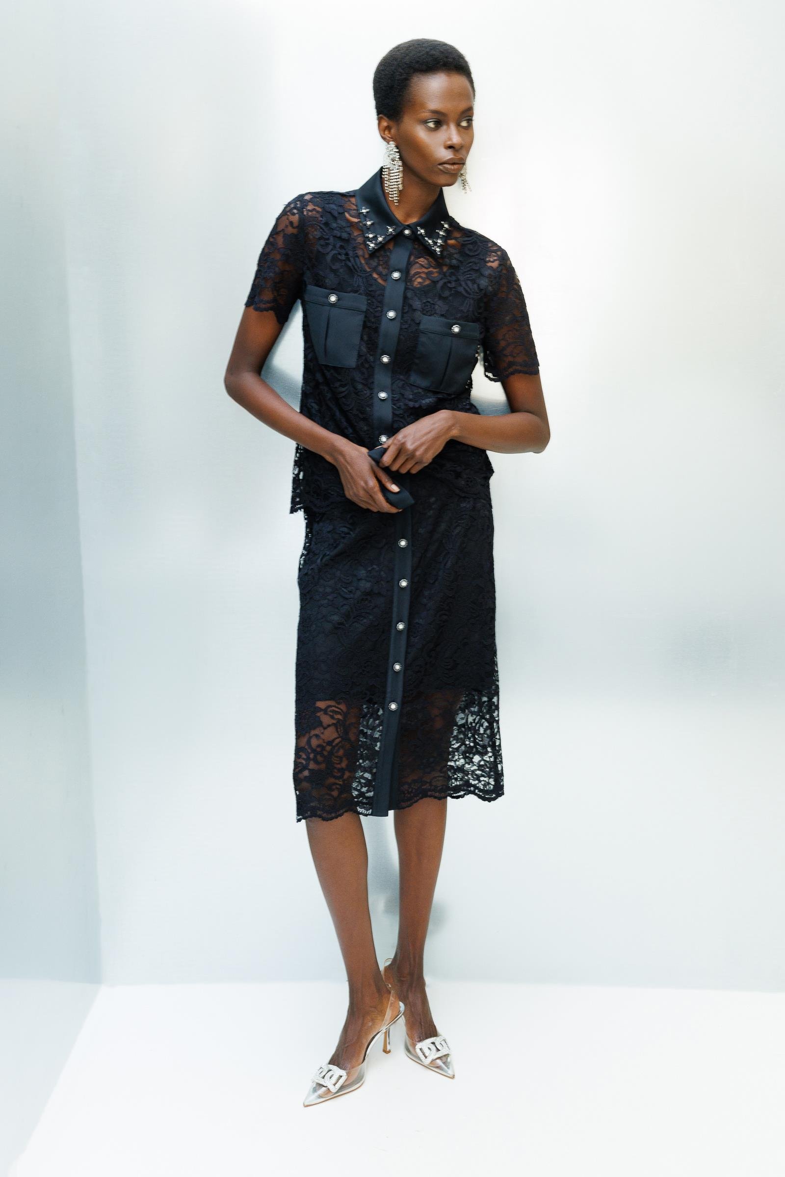 Modailgi  Önden Düğmeli Dantel Etek Siyah