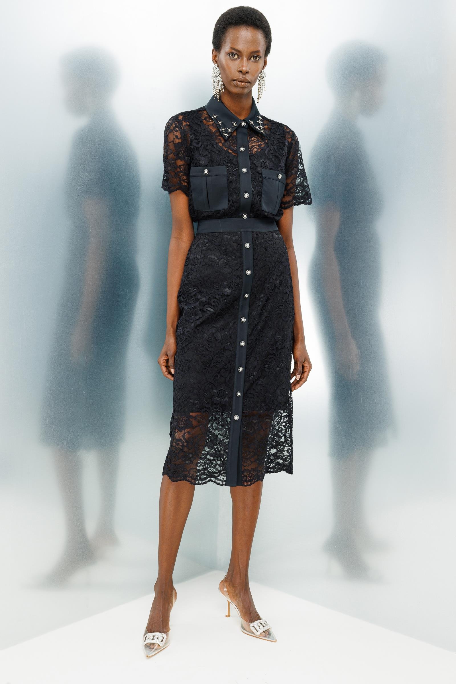 Modailgi  Önden Düğmeli Dantel Etek Siyah