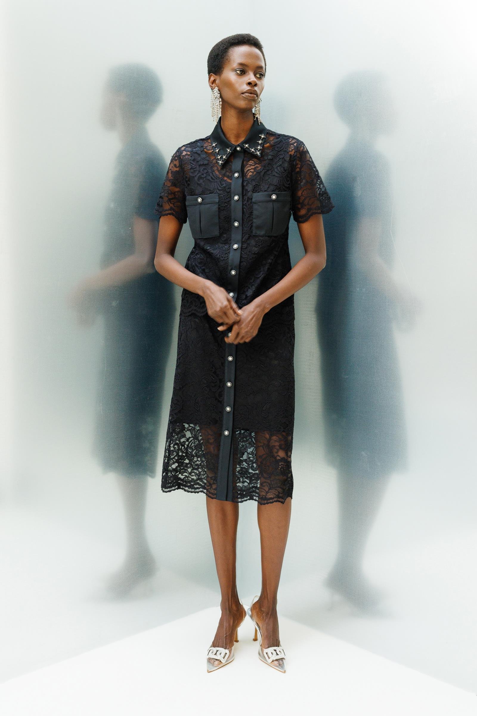 Modailgi  Önden Düğmeli Dantel Etek Siyah