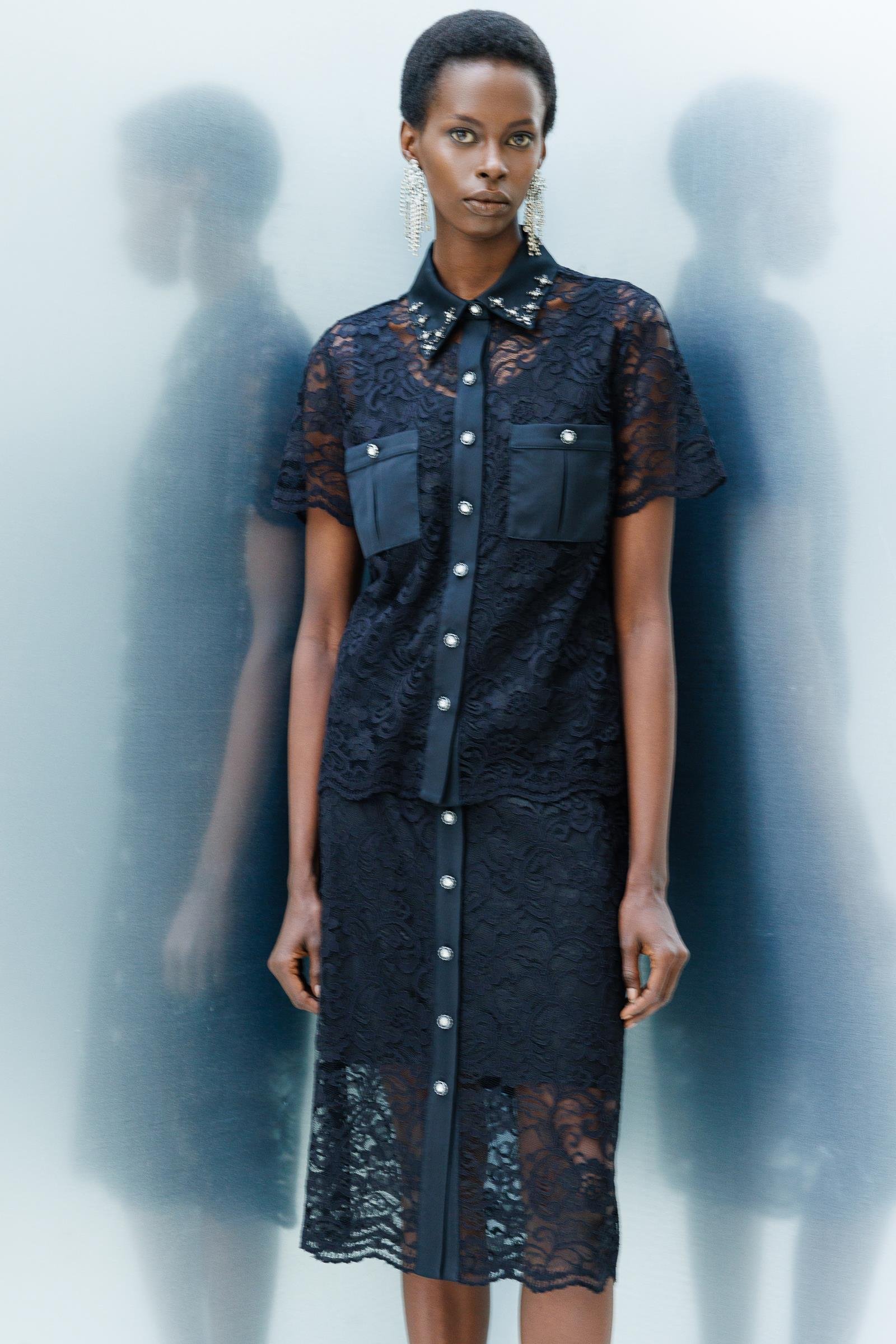 Modailgi  Önden Düğmeli Dantel Etek Siyah