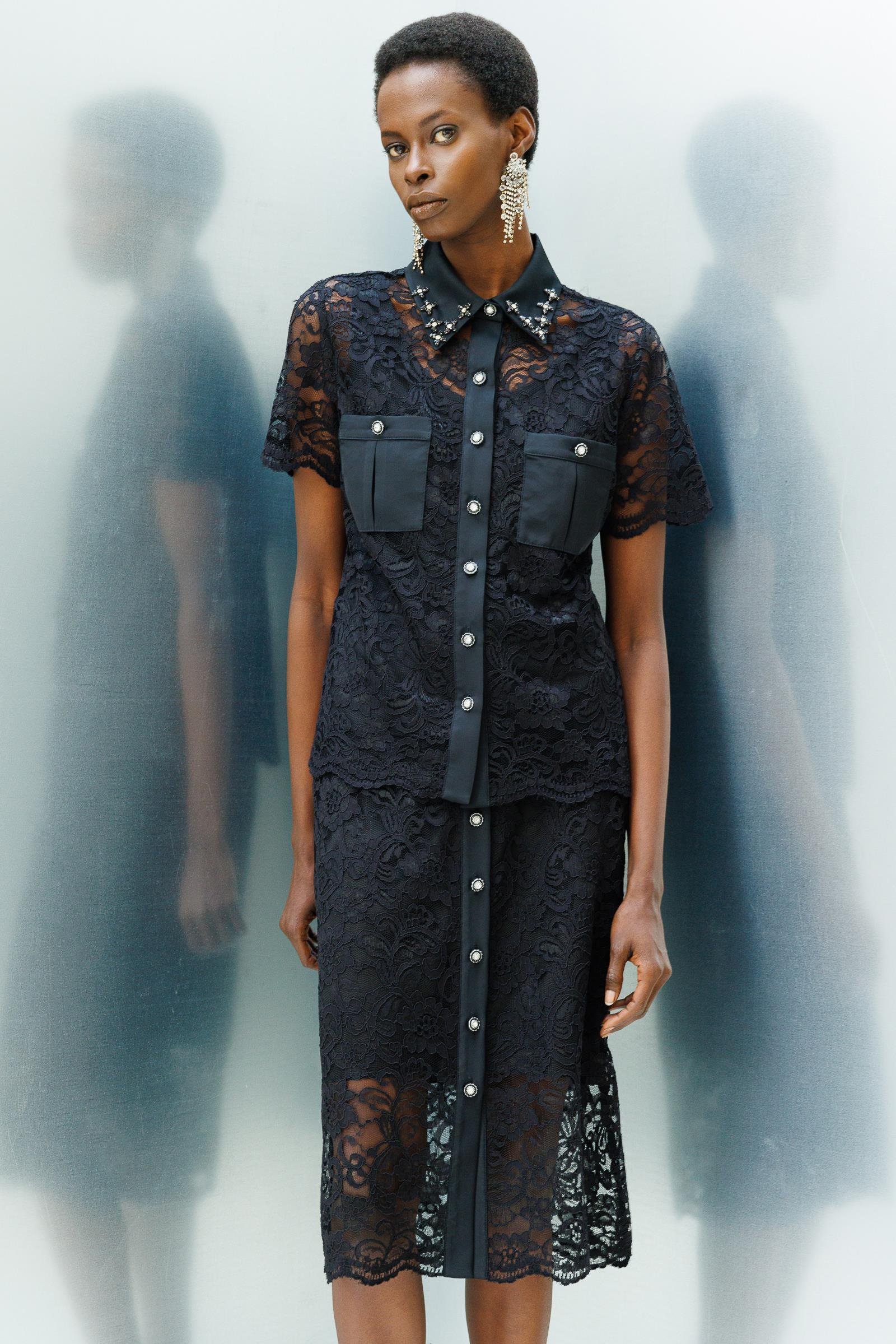 Modailgi  Önden Düğmeli Dantel Etek Siyah