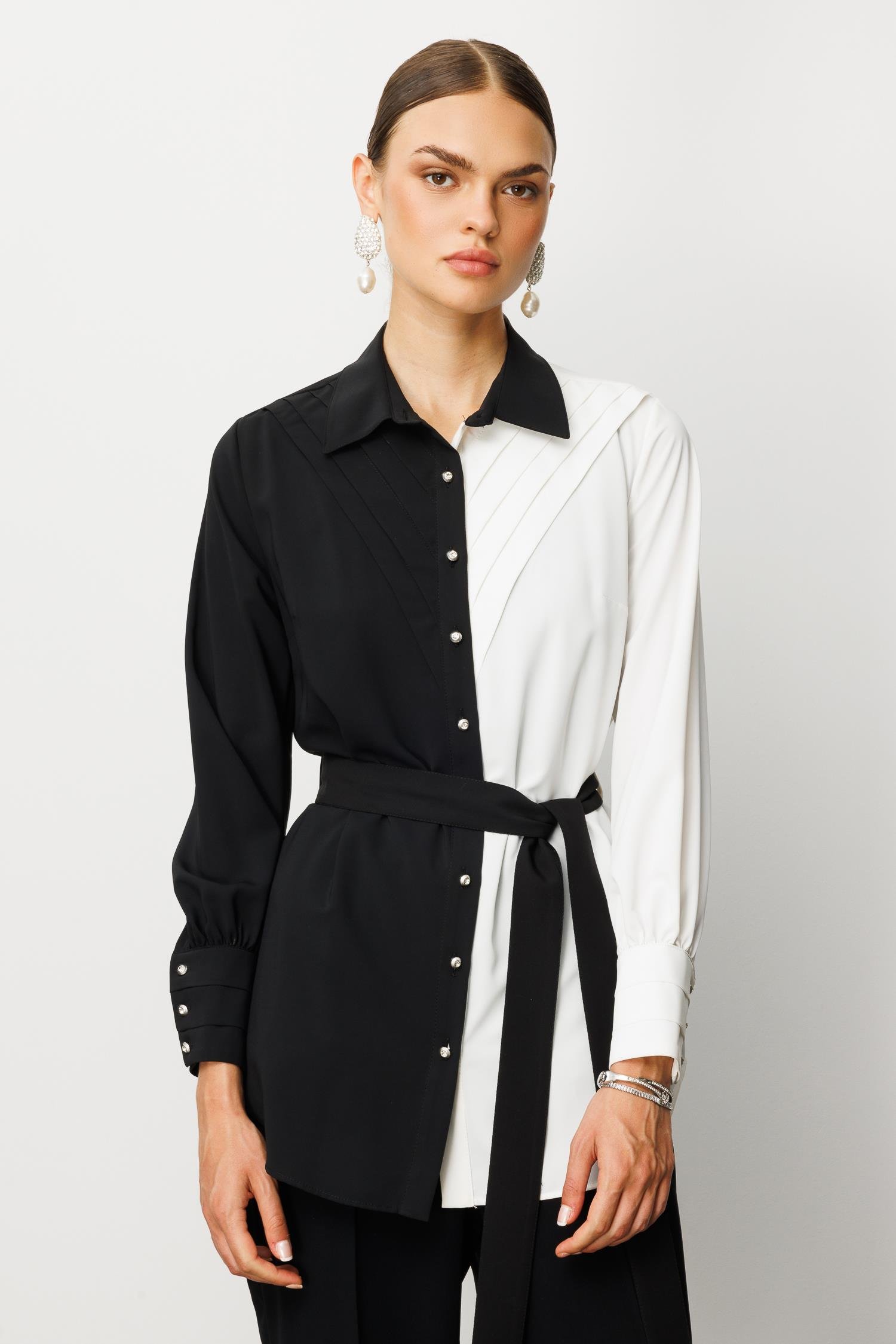 Modailgi  Önü Pileli Kuşaklı Renk Kombinli Gömlek Siyah/Ekru