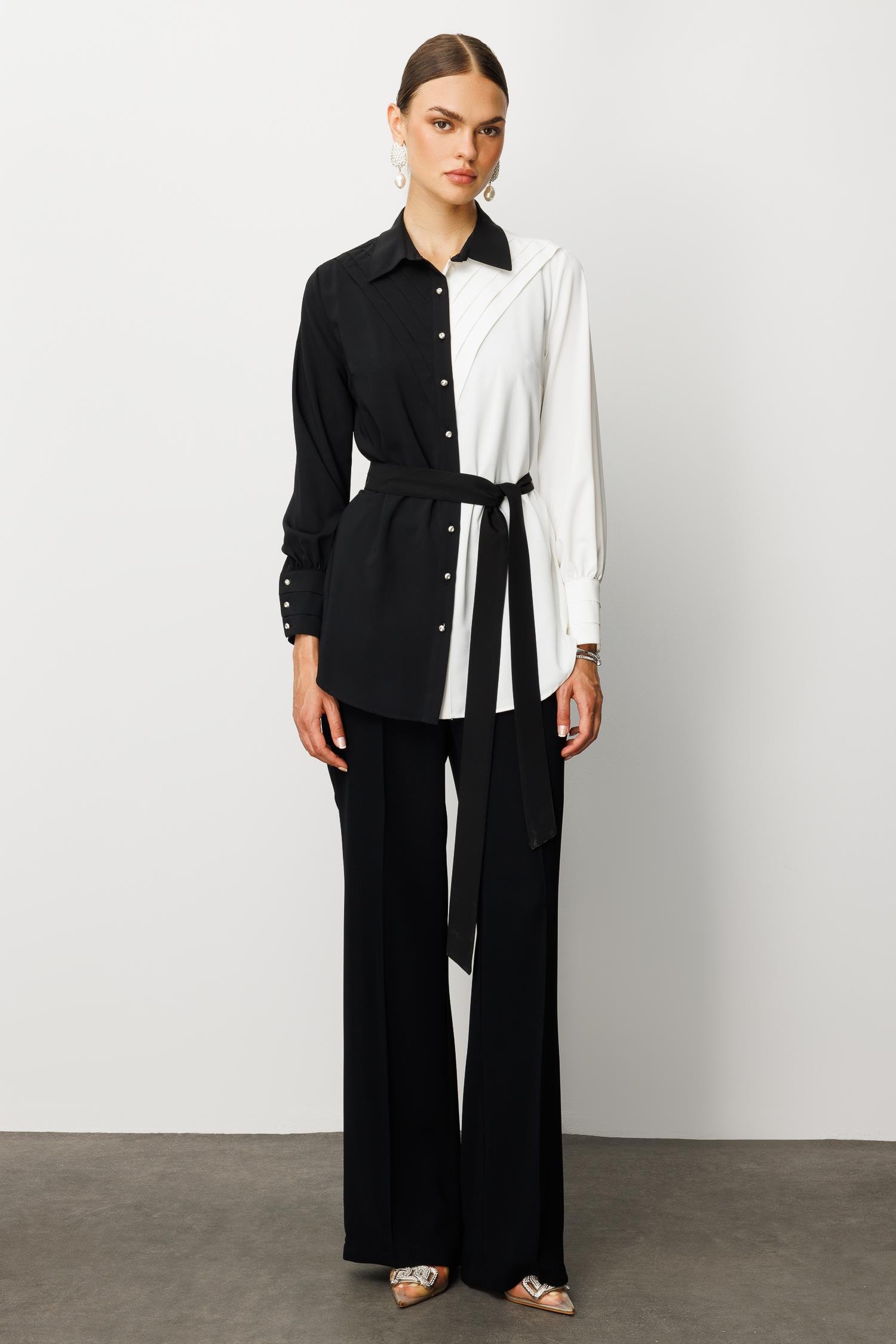 Modailgi  Önü Pileli Kuşaklı Renk Kombinli Gömlek Siyah/Ekru