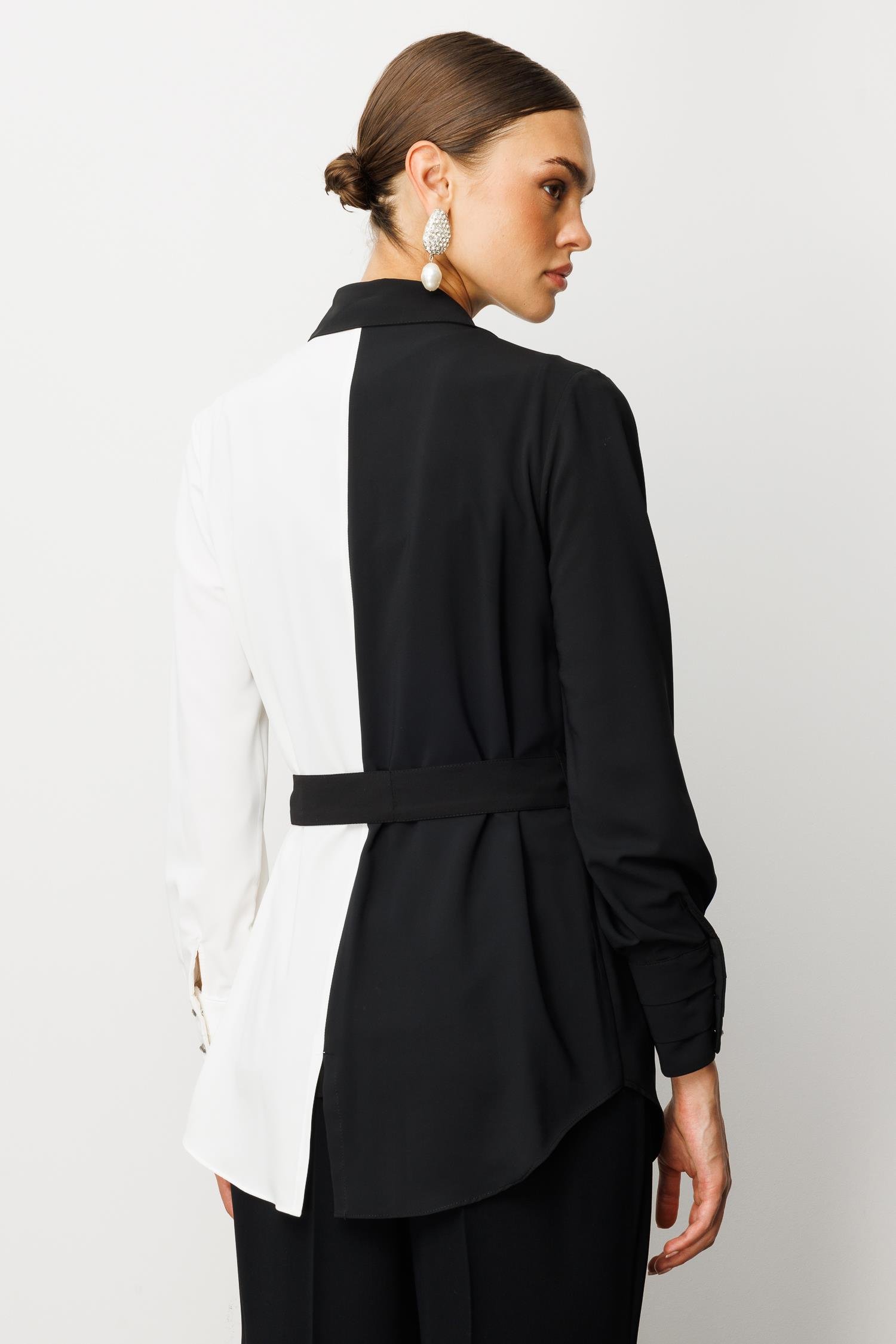 Modailgi  Önü Pileli Kuşaklı Renk Kombinli Gömlek Siyah/Ekru