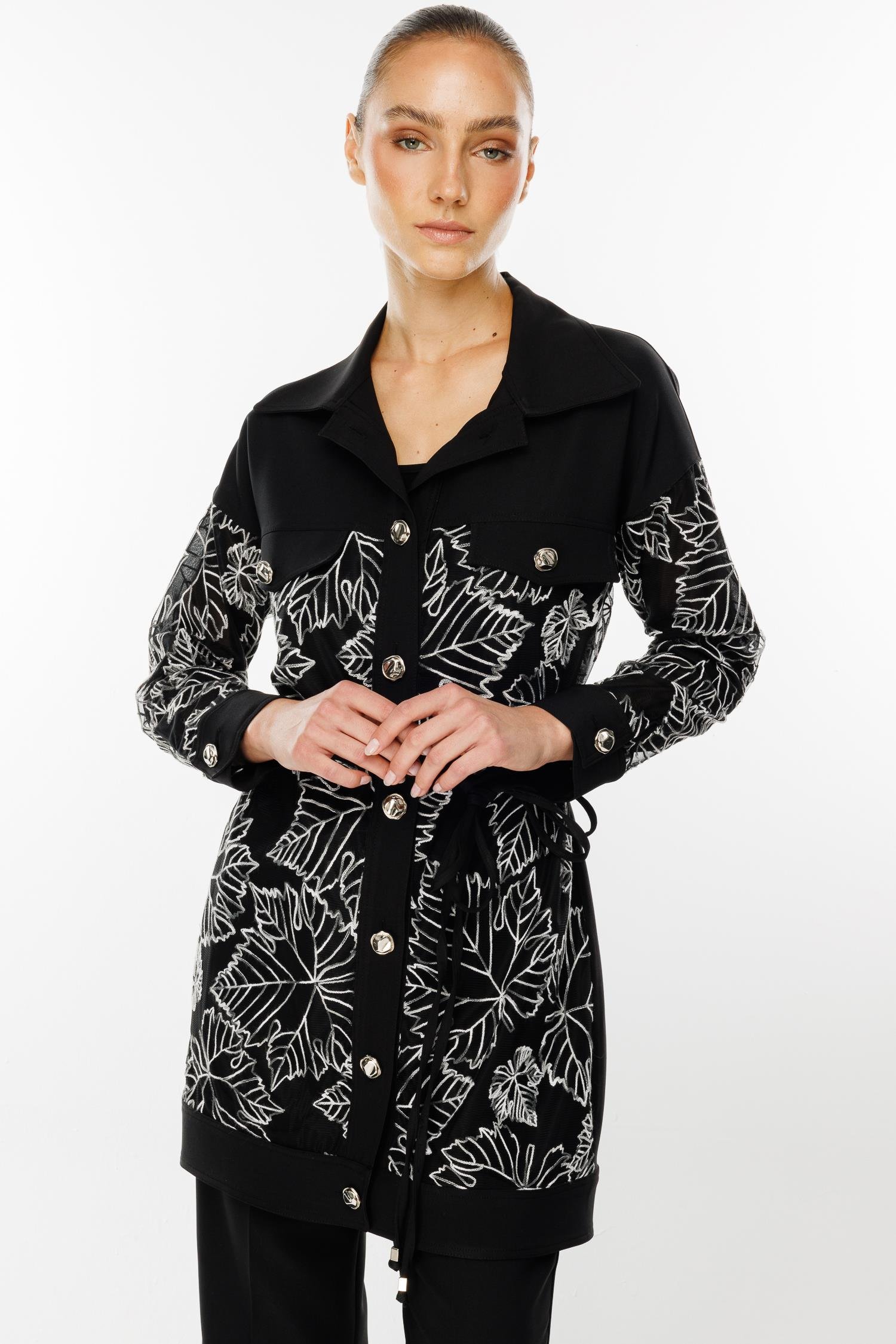 Modailgi  Organze Çiçek Dantel Atletli Uzun Ceket Siyah