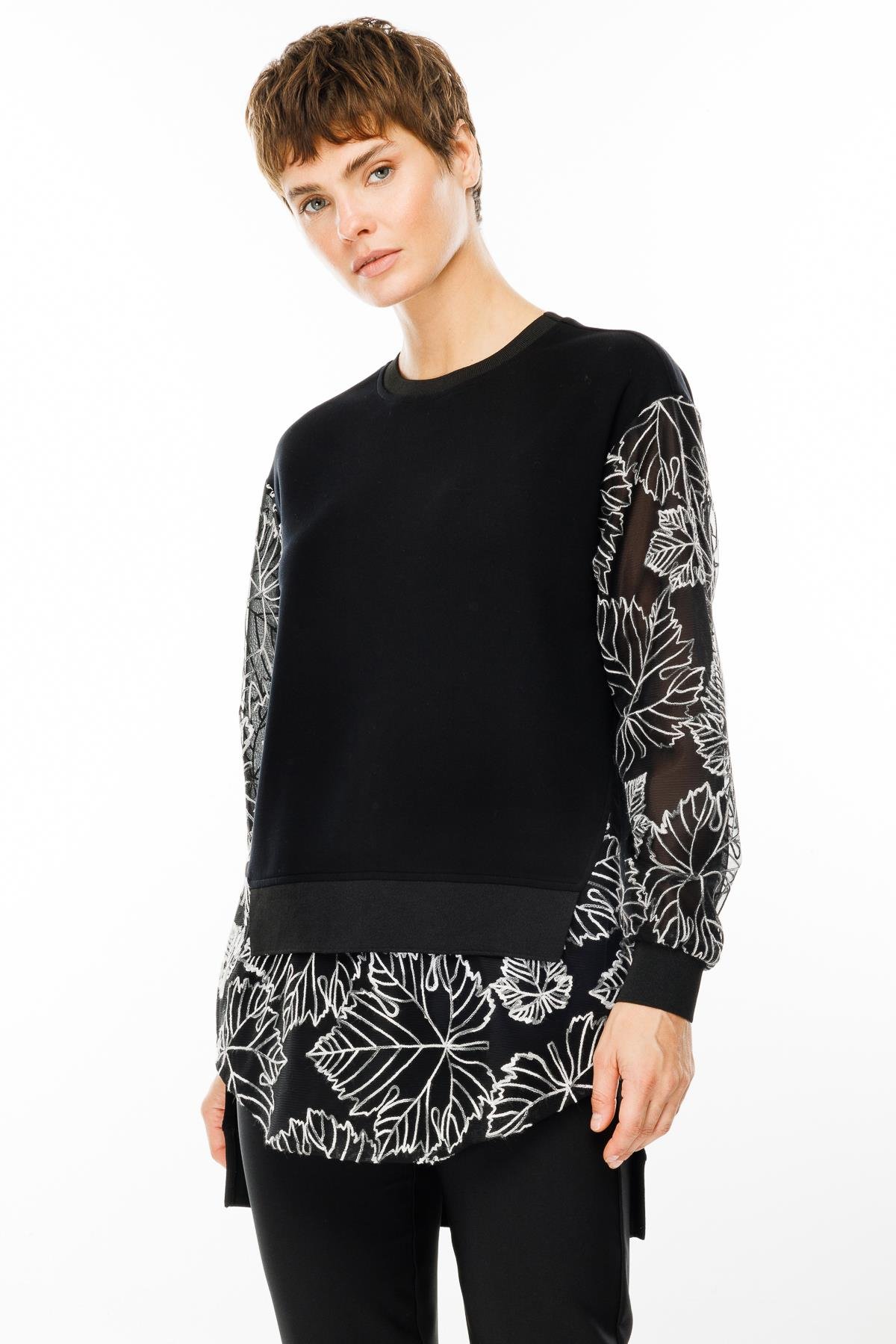 Modailgi  Organze Çiçek Dantelli Sıfır Yaka Tunik Siyah