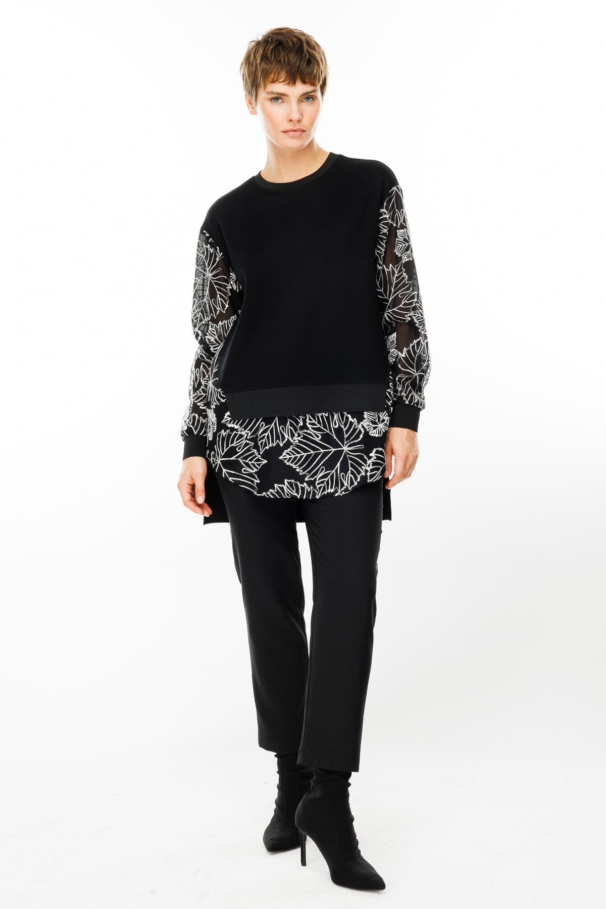 Modailgi  Organze Çiçek Dantelli Sıfır Yaka Tunik Siyah