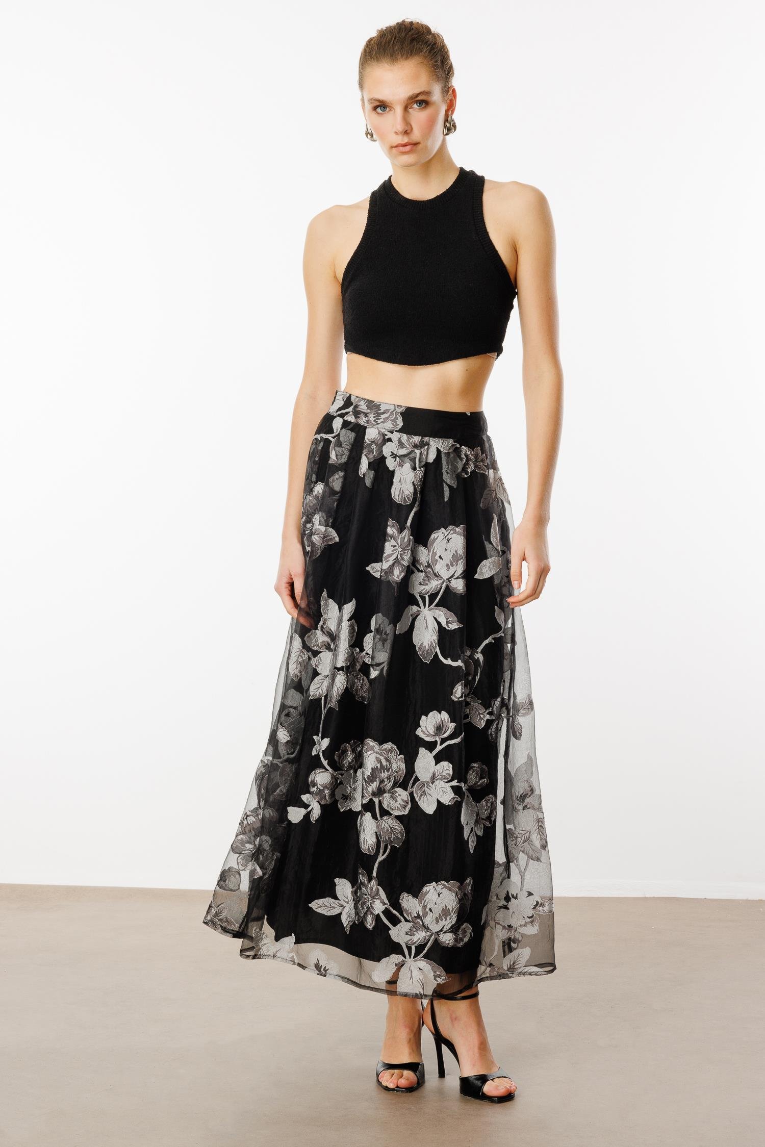 Modailgi  Organze Çiçek Desenli Uzun Etek Siyah