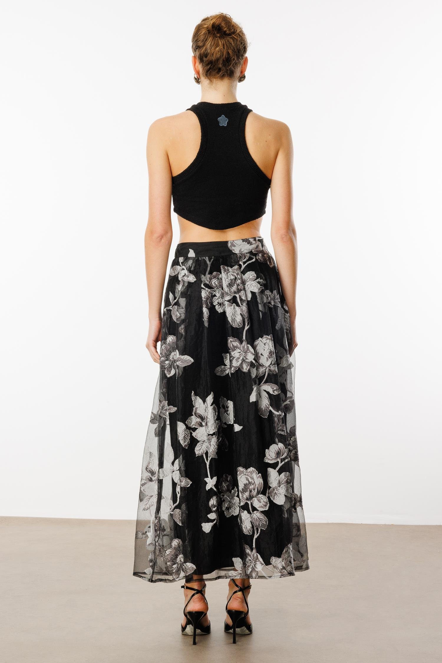 Modailgi  Organze Çiçek Desenli Uzun Etek Siyah