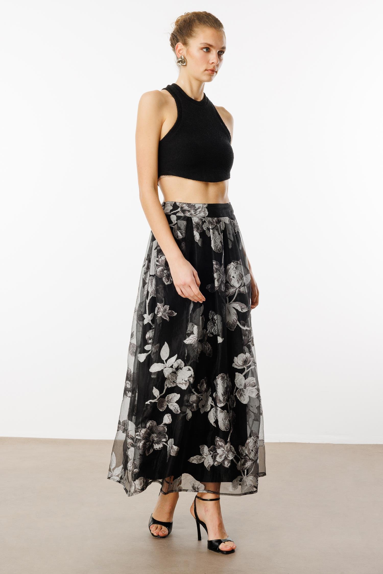 Modailgi  Organze Çiçek Desenli Uzun Etek Siyah