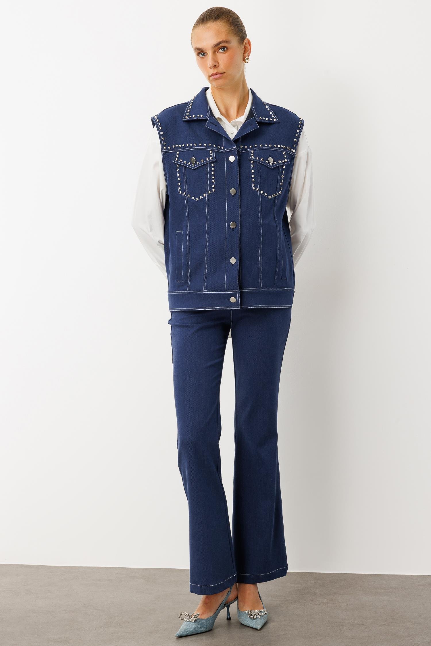 Modailgi  Oversize Metal Aksesuar Detaylı Yelek İndigo