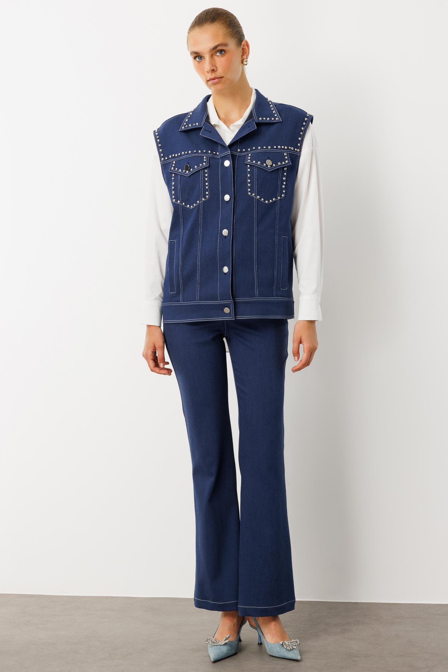 Modailgi  Oversize Metal Aksesuar Detaylı Yelek İndigo