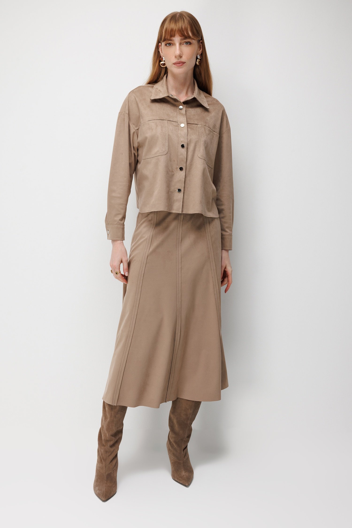 Modailgi  Oversize Pis Dikiş Süet Gömlek - 30109 Vizon