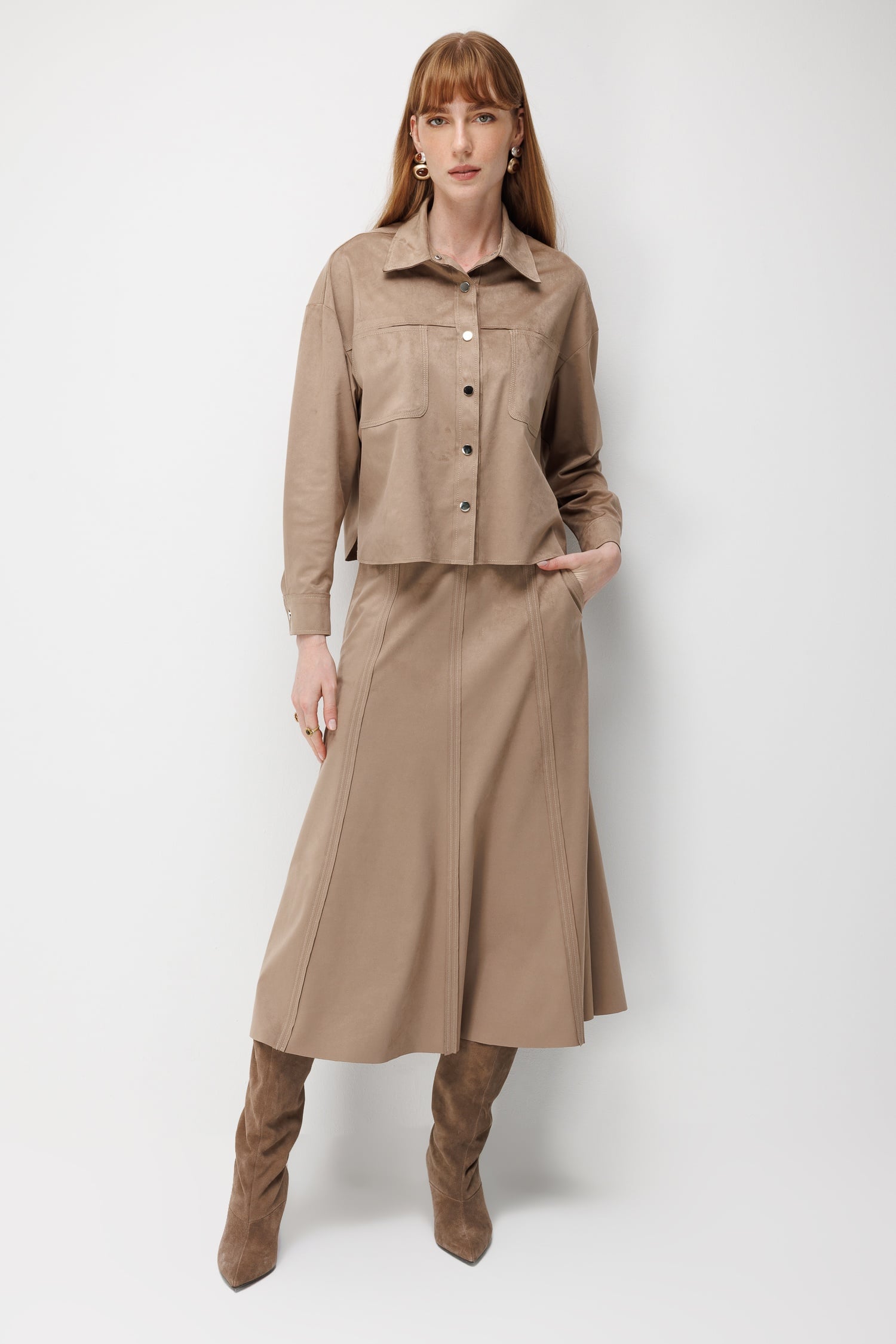 Modailgi  Oversize Pis Dikiş Süet Gömlek - 30109 Vizon