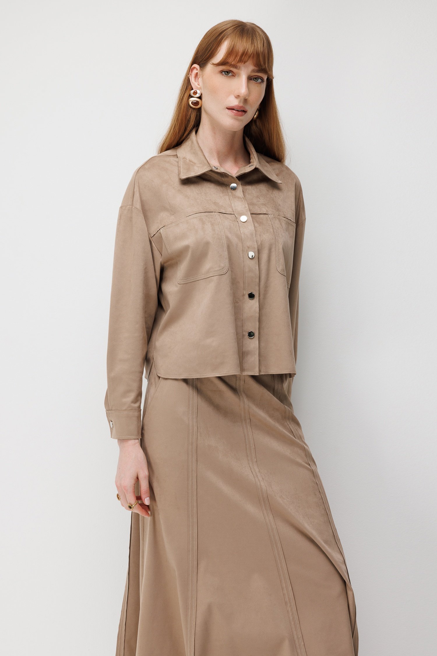 Modailgi  Oversize Pis Dikiş Süet Gömlek - 30109 Vizon