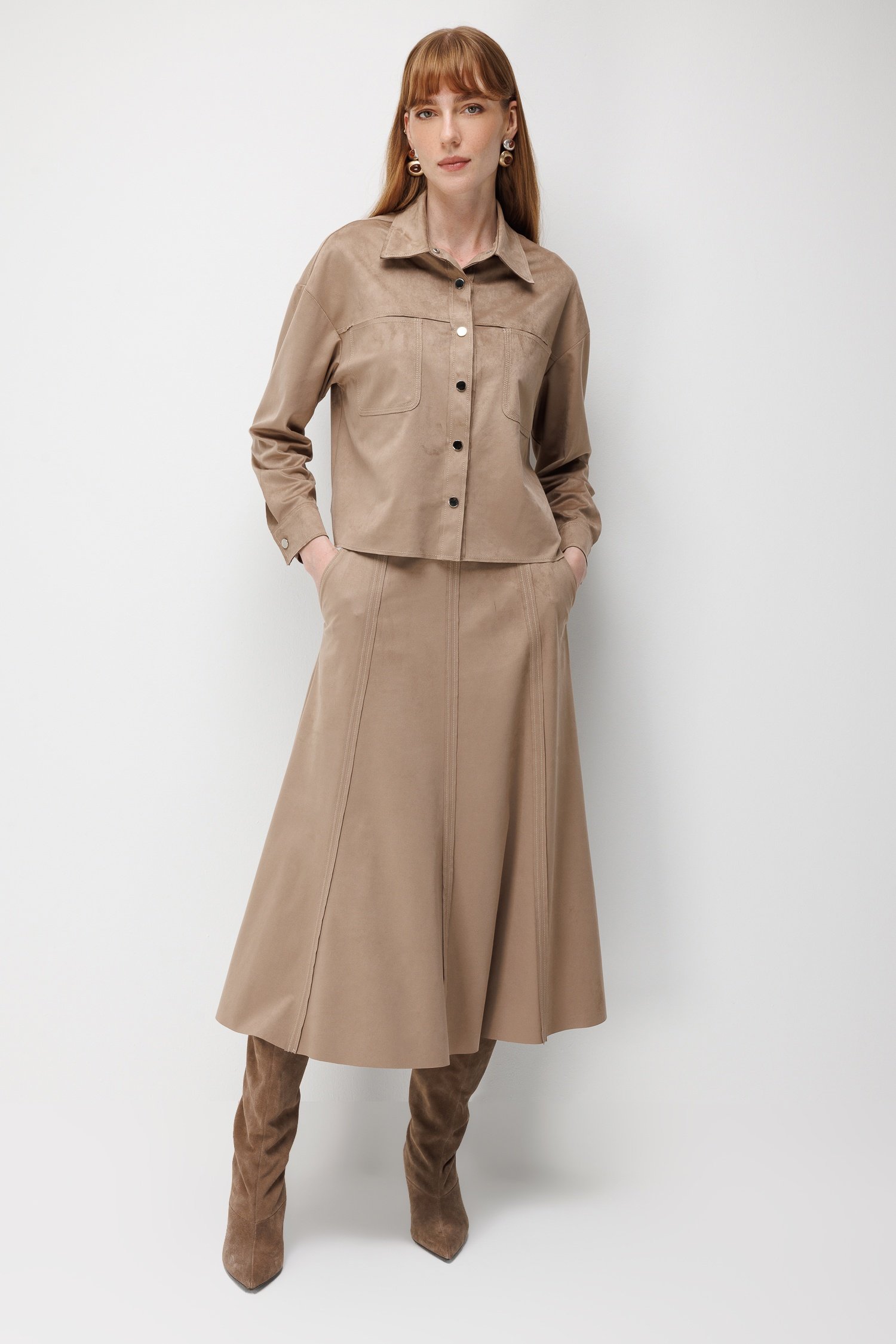 Modailgi  Oversize Pis Dikiş Süet Gömlek - 30109 Vizon
