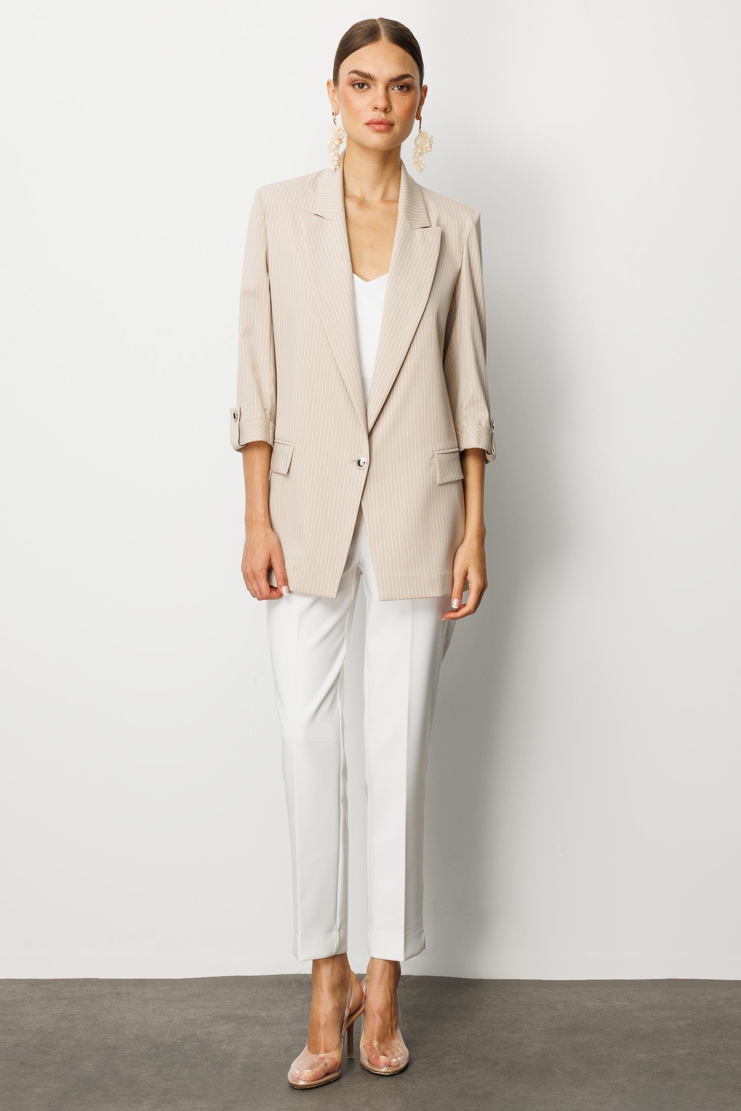 Modailgi  Oversize Tek Düğme Kapama Truvakar Kol Çizgili Yarım Astarlı Ceket Taş