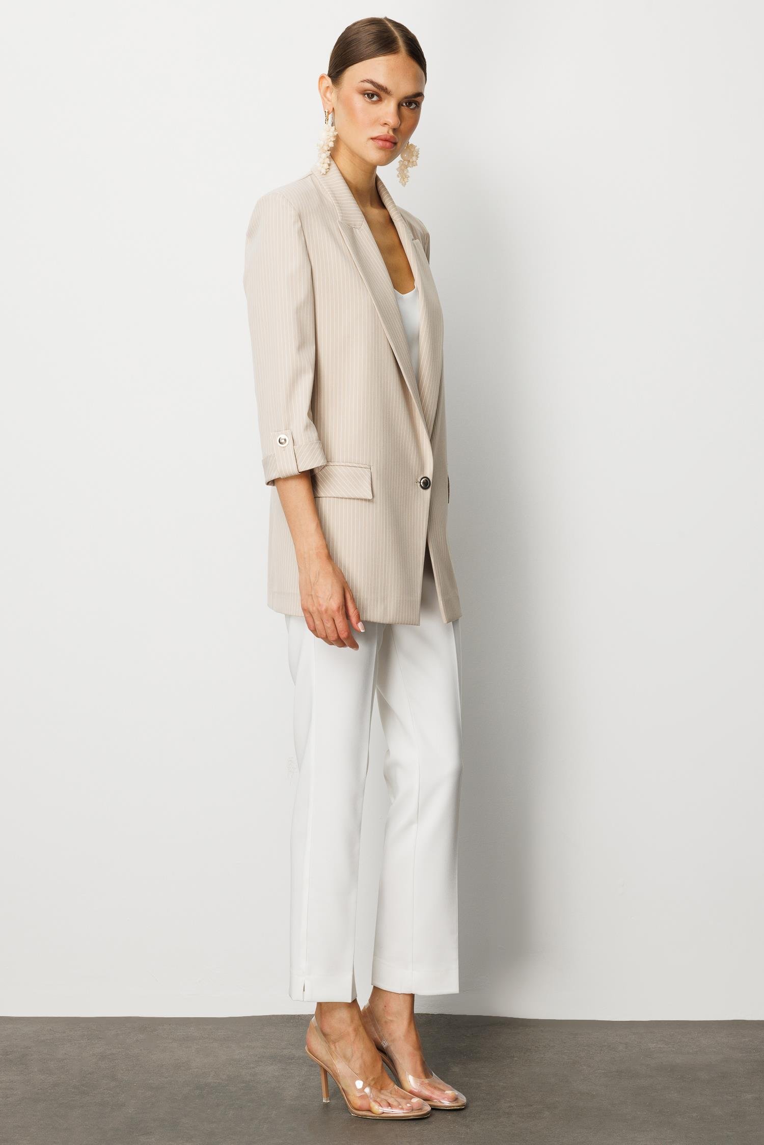 Modailgi  Oversize Tek Düğme Kapama Truvakar Kol Çizgili Yarım Astarlı Ceket Taş