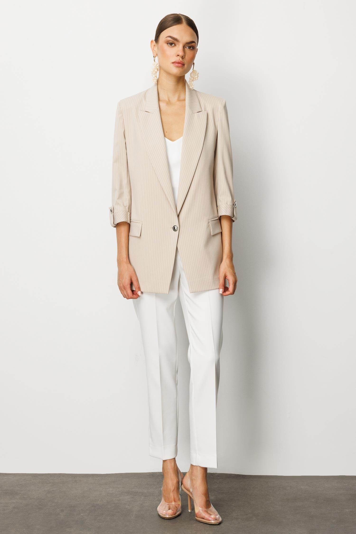 Modailgi  Oversize Tek Düğme Kapama Truvakar Kol Çizgili Yarım Astarlı Ceket Taş