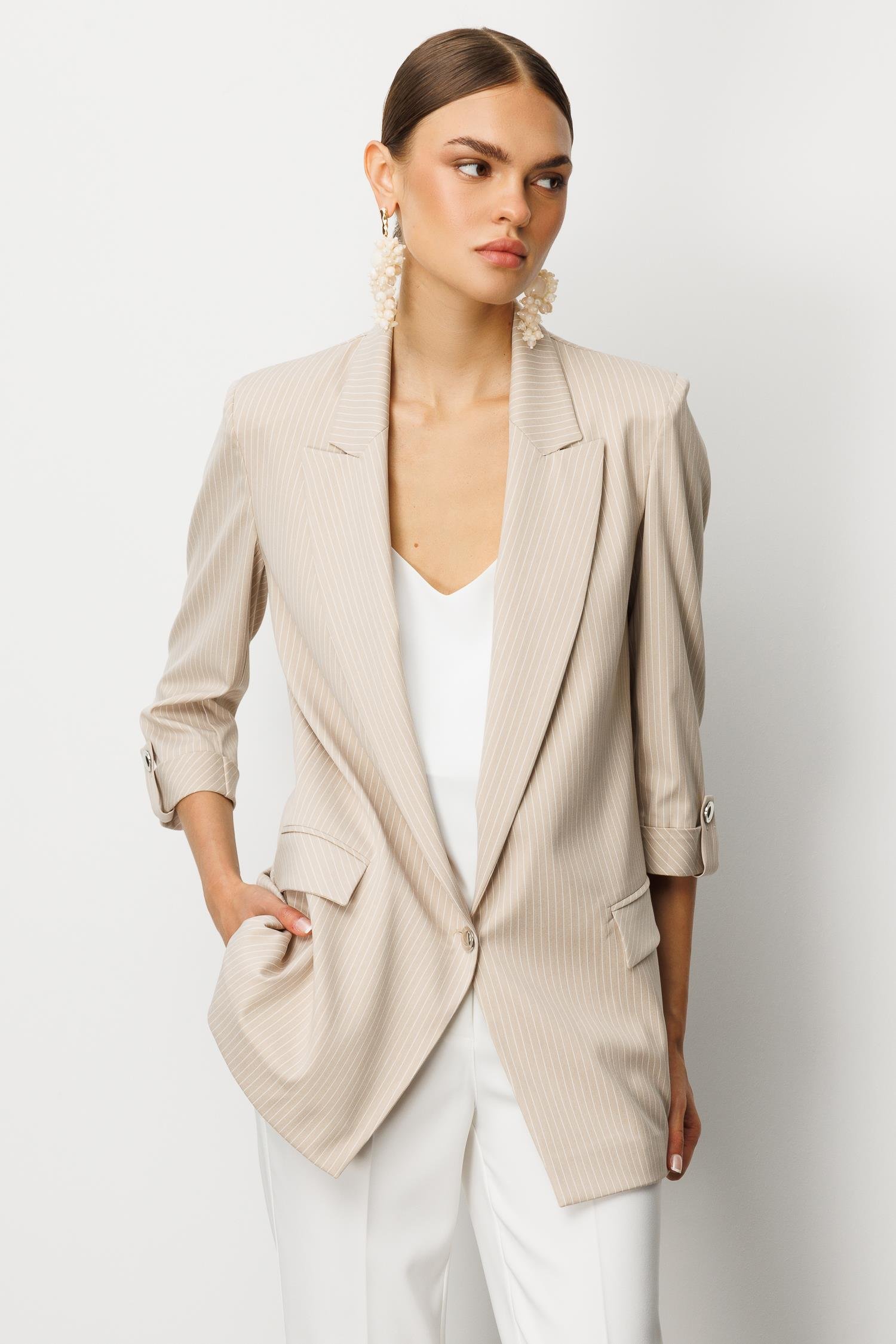 Modailgi  Oversize Tek Düğme Kapama Truvakar Kol Çizgili Yarım Astarlı Ceket Taş