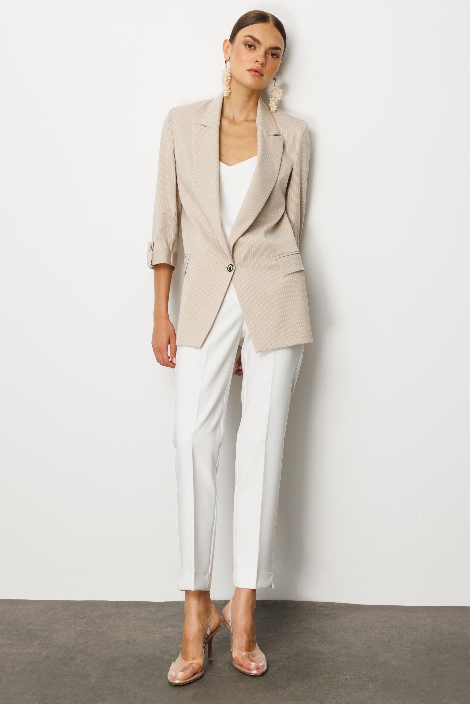 Modailgi  Oversize Tek Düğme Kapama Truvakar Kol Çizgili Yarım Astarlı Ceket Taş