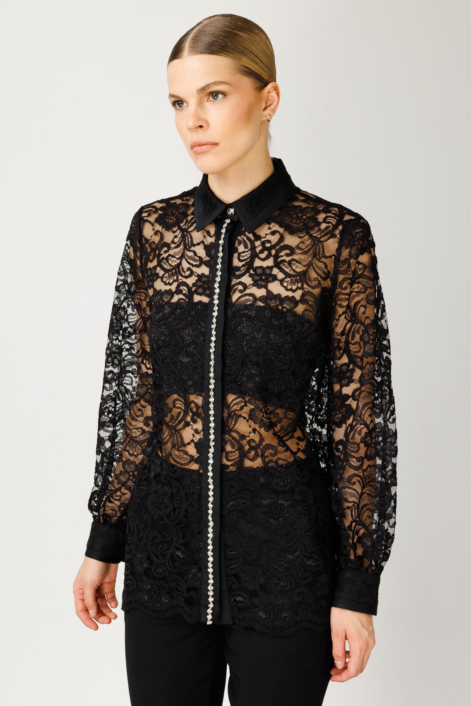 Modailgi  Patı Taş Detaylı Dantel Gömlek Siyah