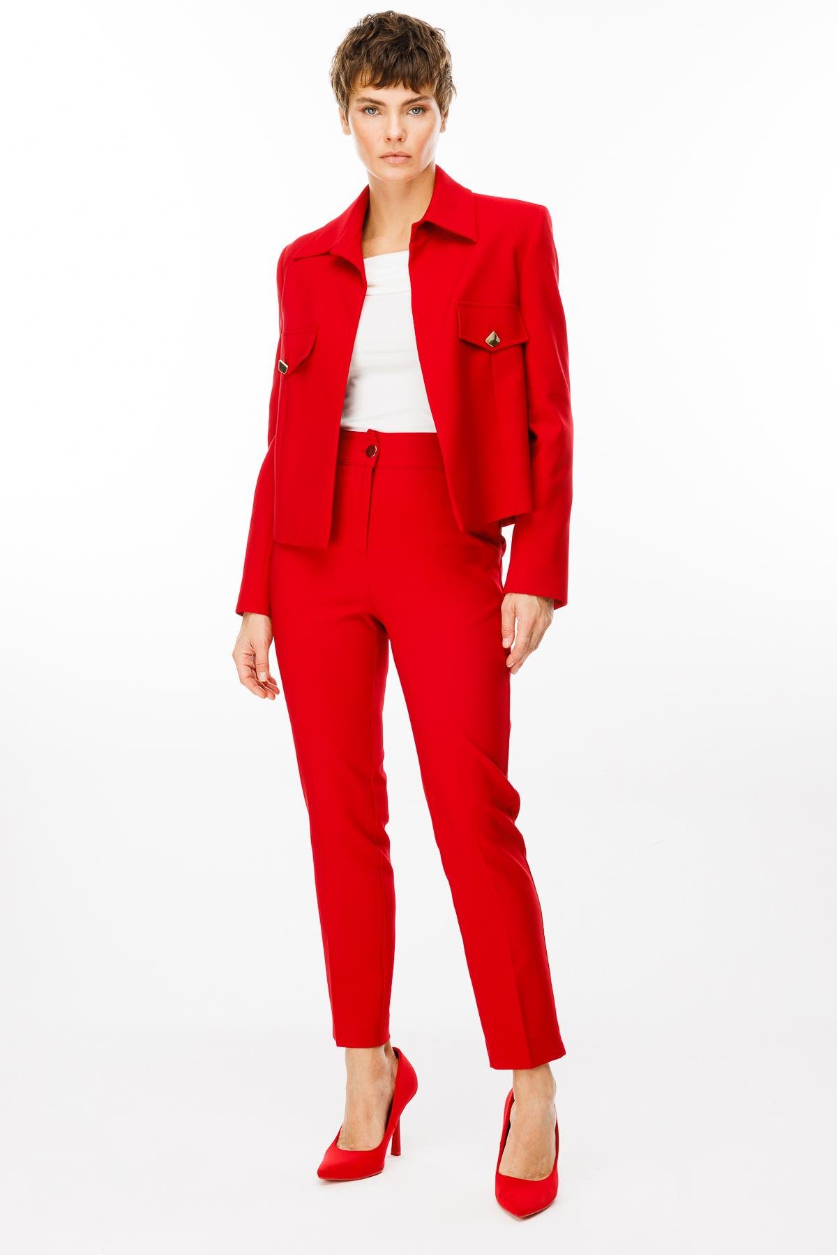 Modailgi  Pens ve Kapak Detaylı Kısa Ceket Kırmızı