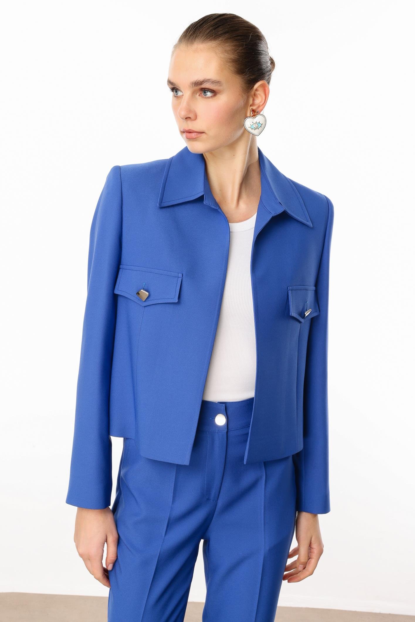 Modailgi  Pens ve Kapak Detaylı Kısa Ceket Mavi