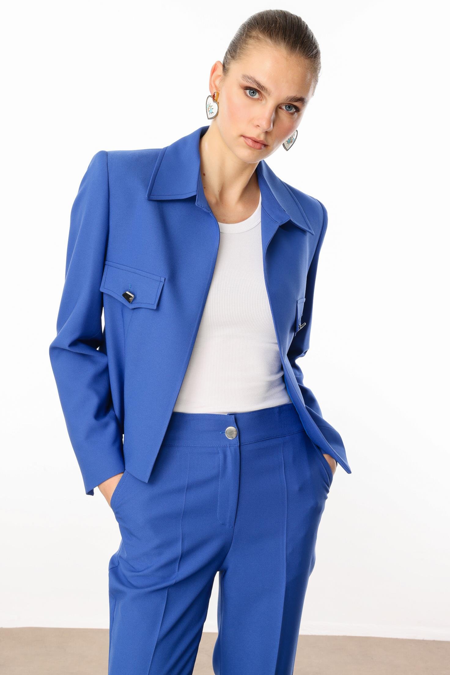 Modailgi  Pens ve Kapak Detaylı Kısa Ceket Mavi