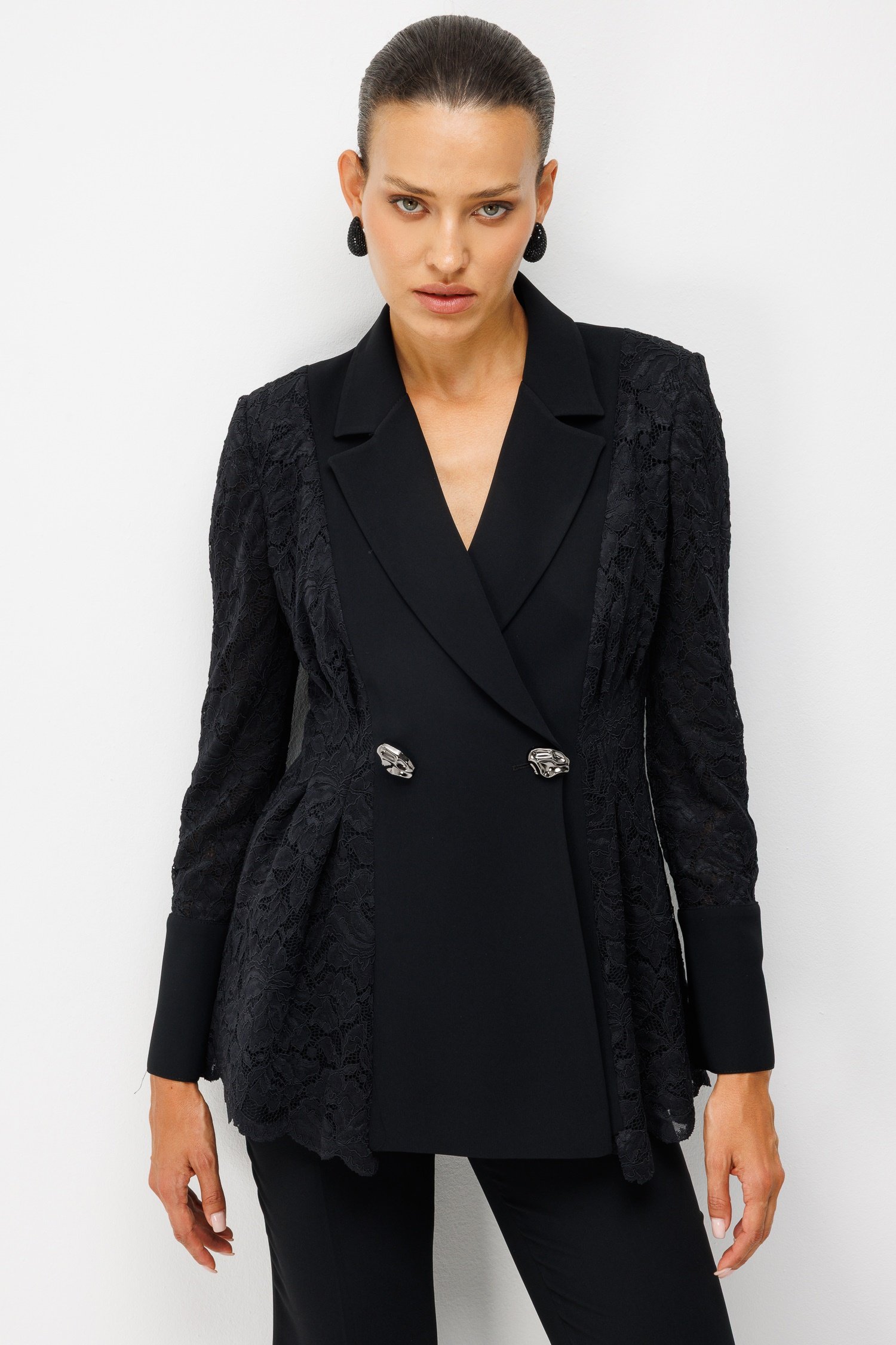 Modailgi  Pile Detaylı Dantelli Kruvaze Ceket - 45059 Siyah