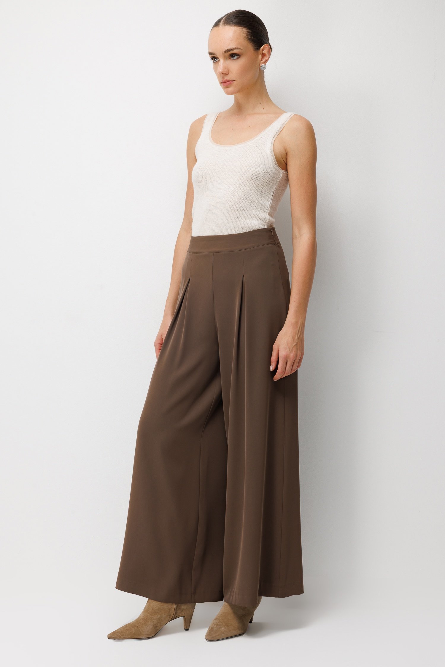 Modailgi  Pile Detaylı Geniş Paça Pantolon - 15131 Kahve